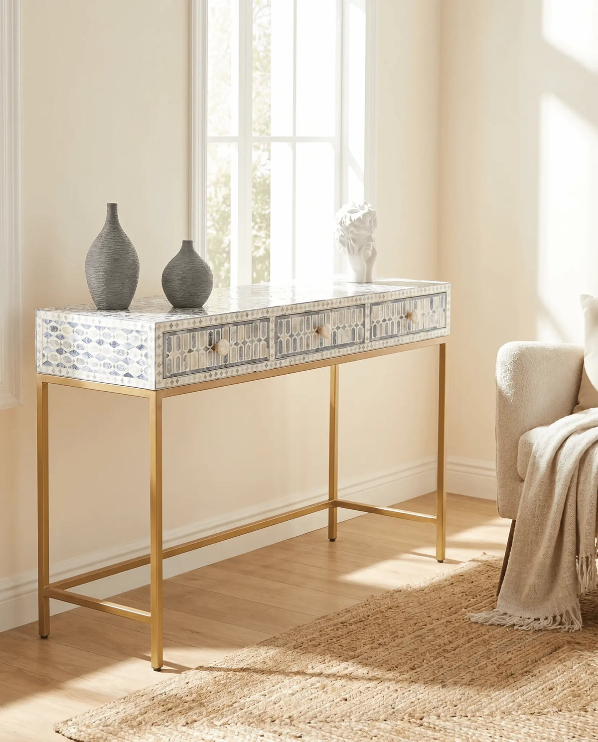 Mosaic Blue Inlay Three Drawer Console Table - Art and craft furniture