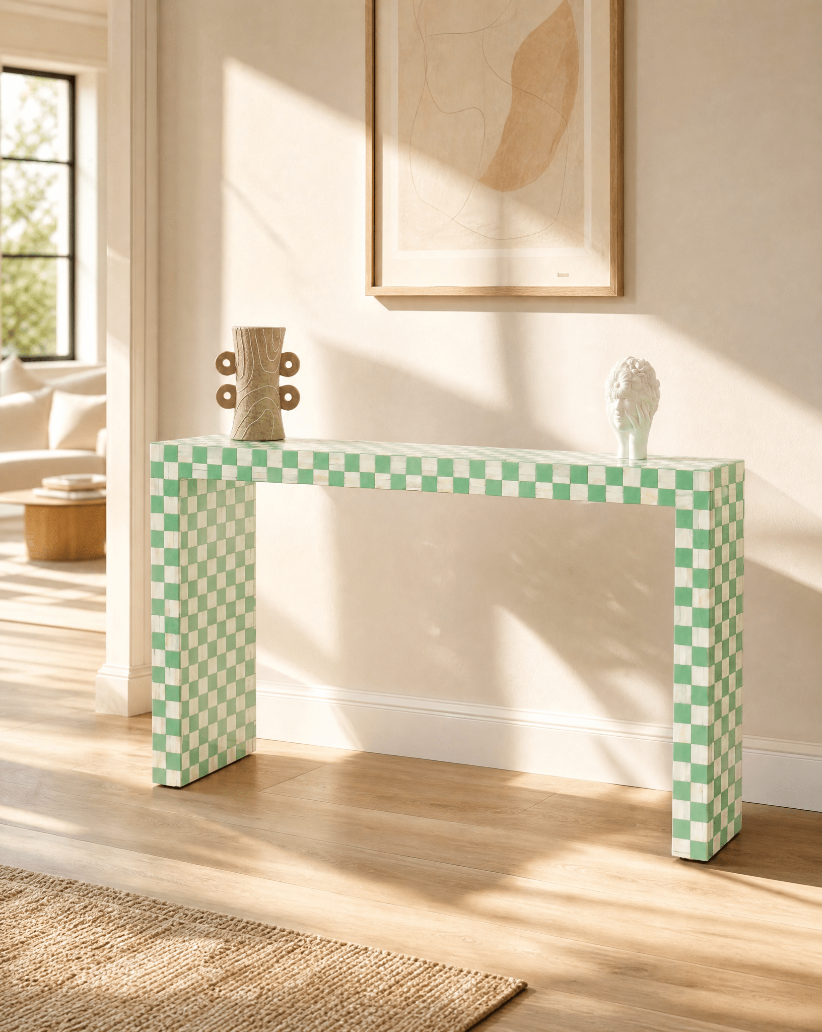 MOSAIC-GREEN INLAY U SHAPE CONSOLE TABLE - Art and craft furniture