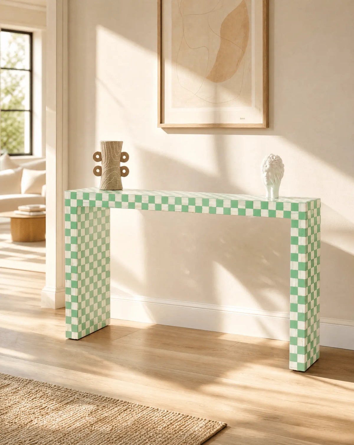 Mosaic Green Inlay U shape Console Table - Art and craft furniture