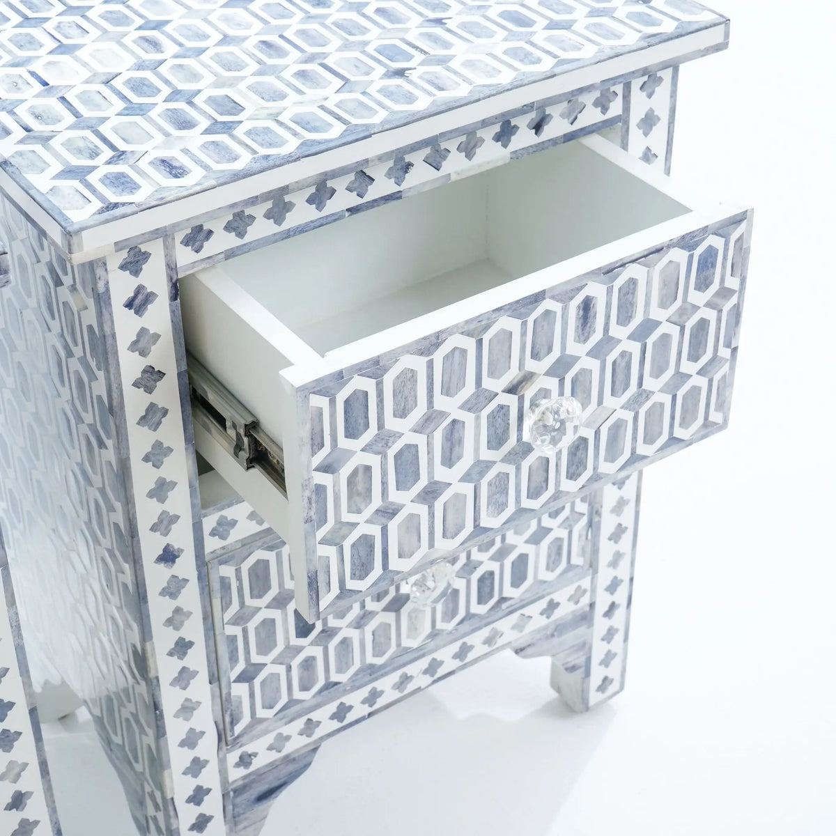 Mosaic Inlay Light Grey Bedside Table - Art and craft furniture