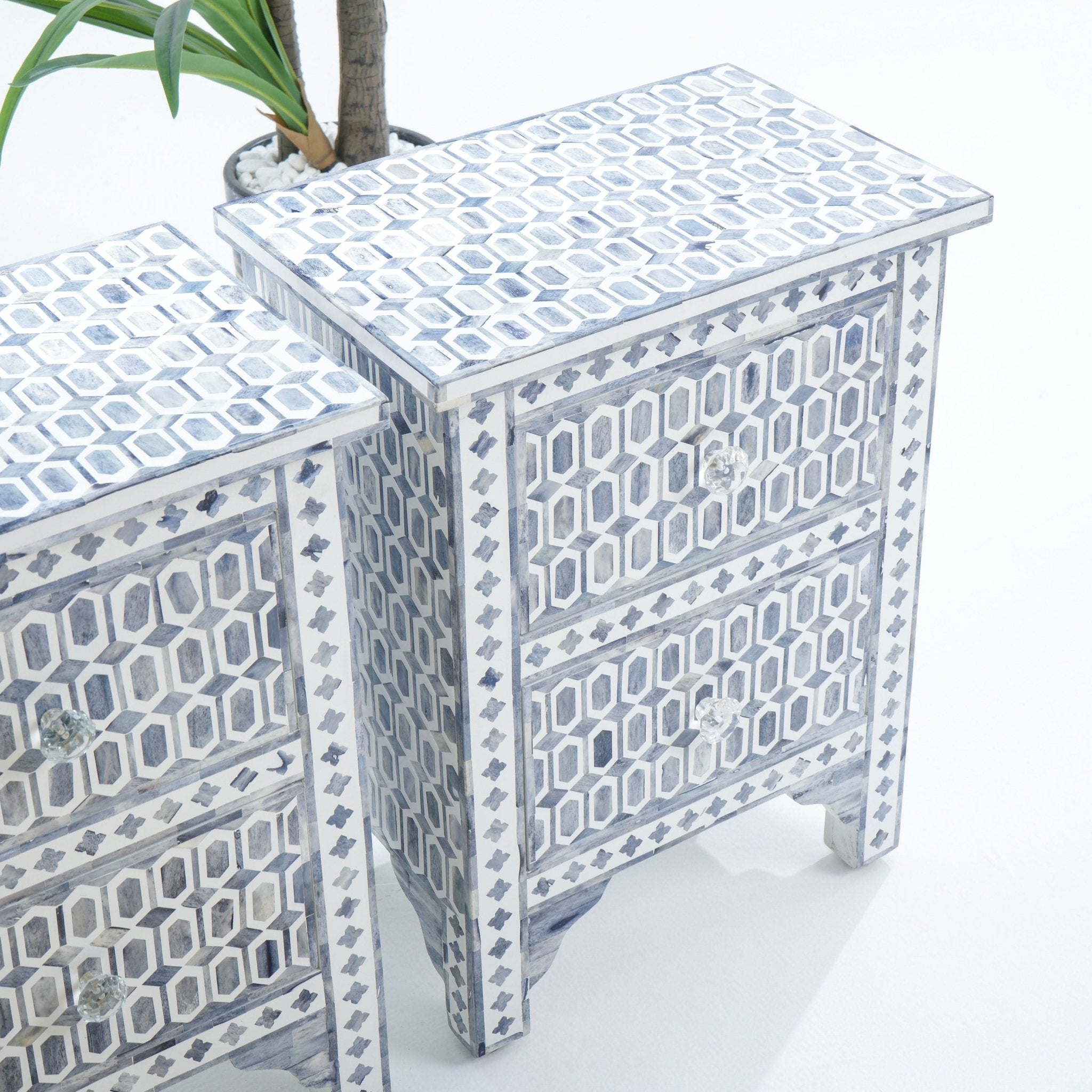 MOSAIC-GREY INLAY BEDSIDE TABLE EACH PC - Art and craft furniture