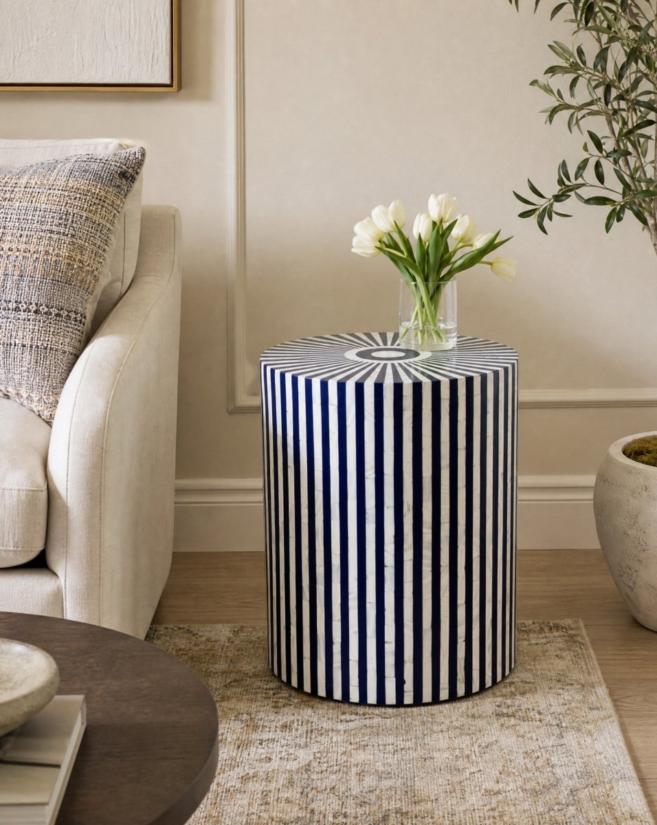 Mystic Blue Strip Mother Of Pearl Round Stool - Art and craft furniture
