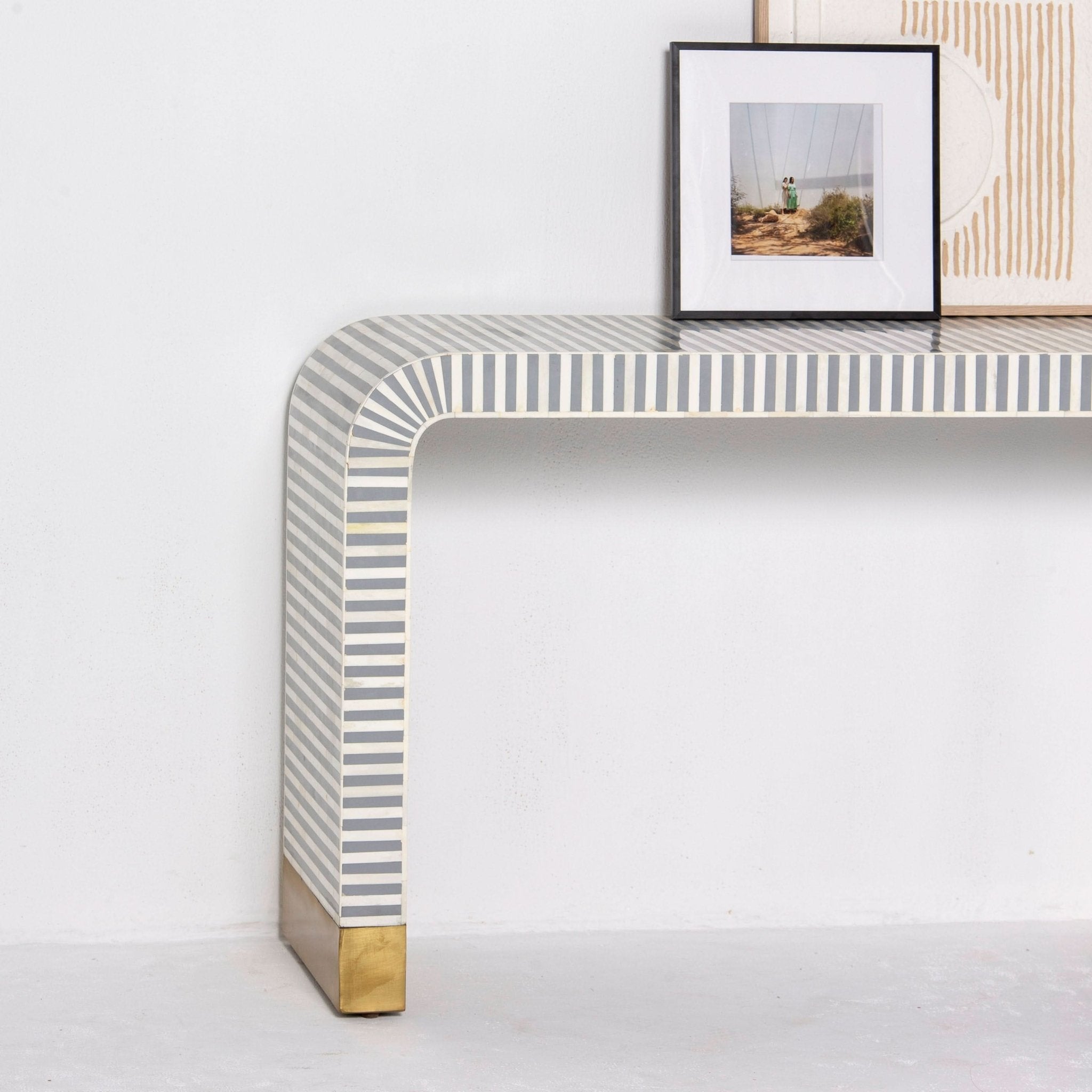 MYSTIC-GREY STRIP INLAY U SHAPE CONSOLE TABLE - Art and craft furniture