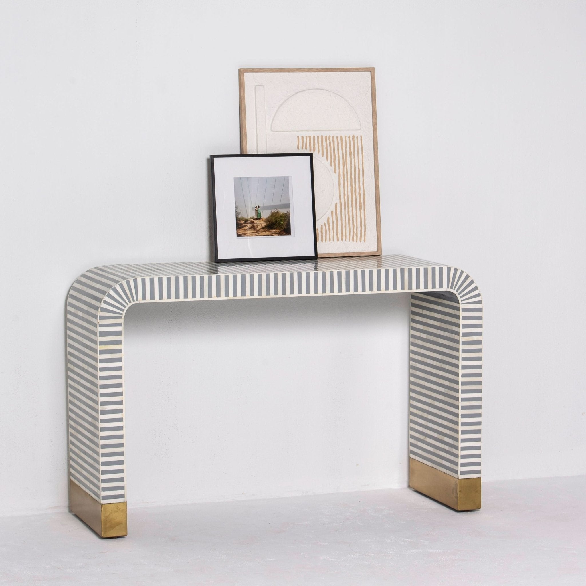MYSTIC-GREY STRIP INLAY U SHAPE CONSOLE TABLE - Art and craft furniture