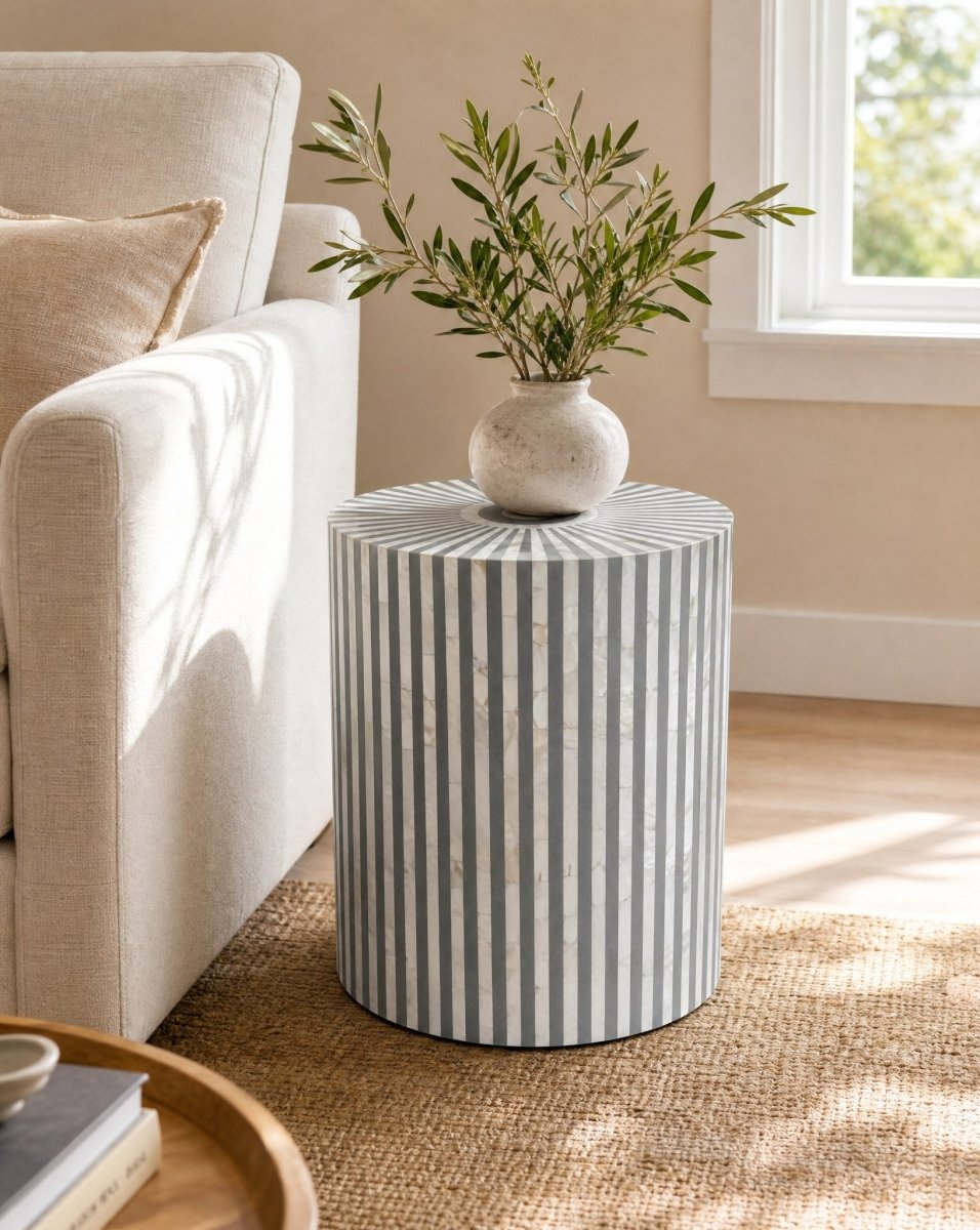 Mystic Grey Stripe Mother Of Pearl Round Stool - Art and craft furniture