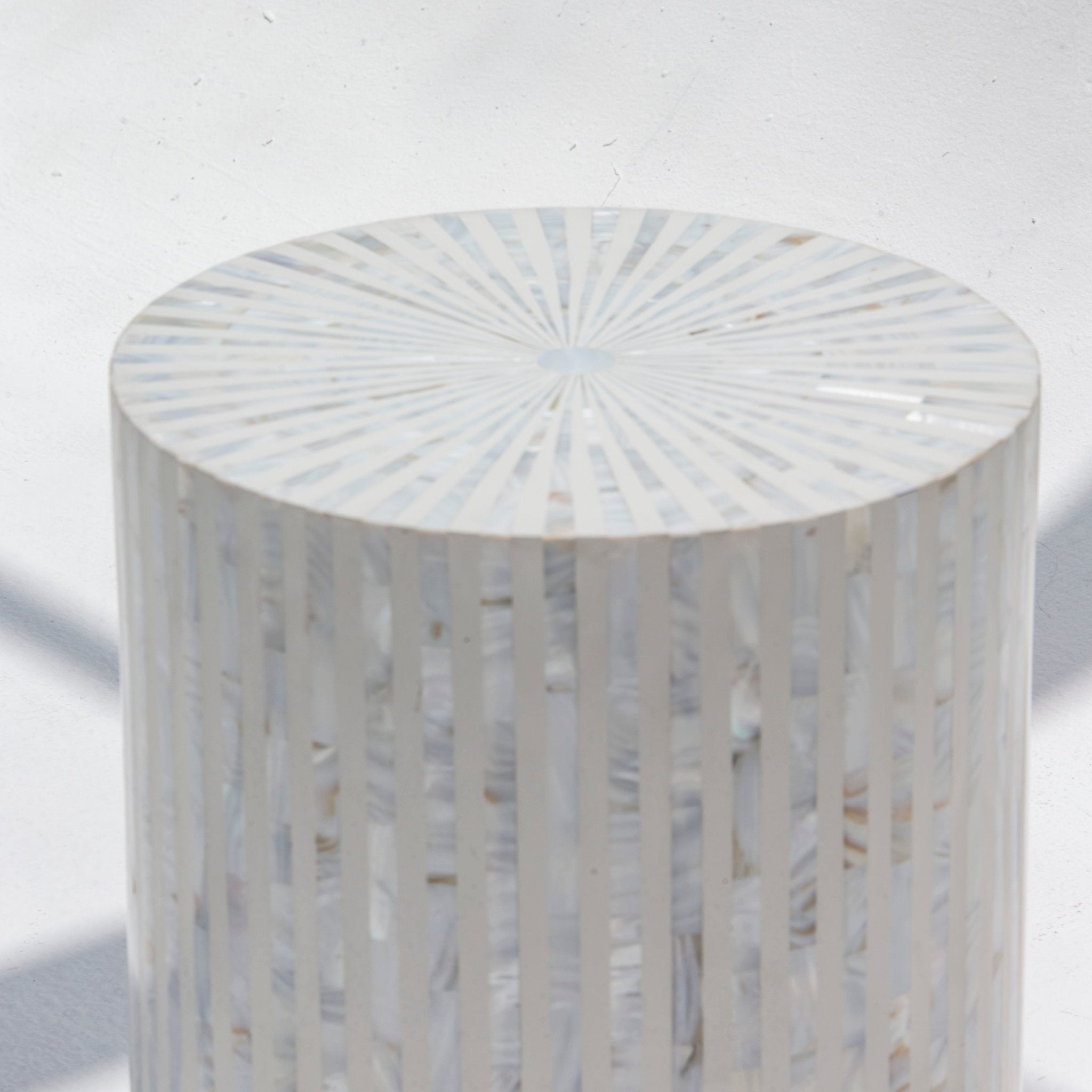 MYSTIC-WHITE STRIP MOTHER OF PEARL ROUND STOOL - Art and craft furniture