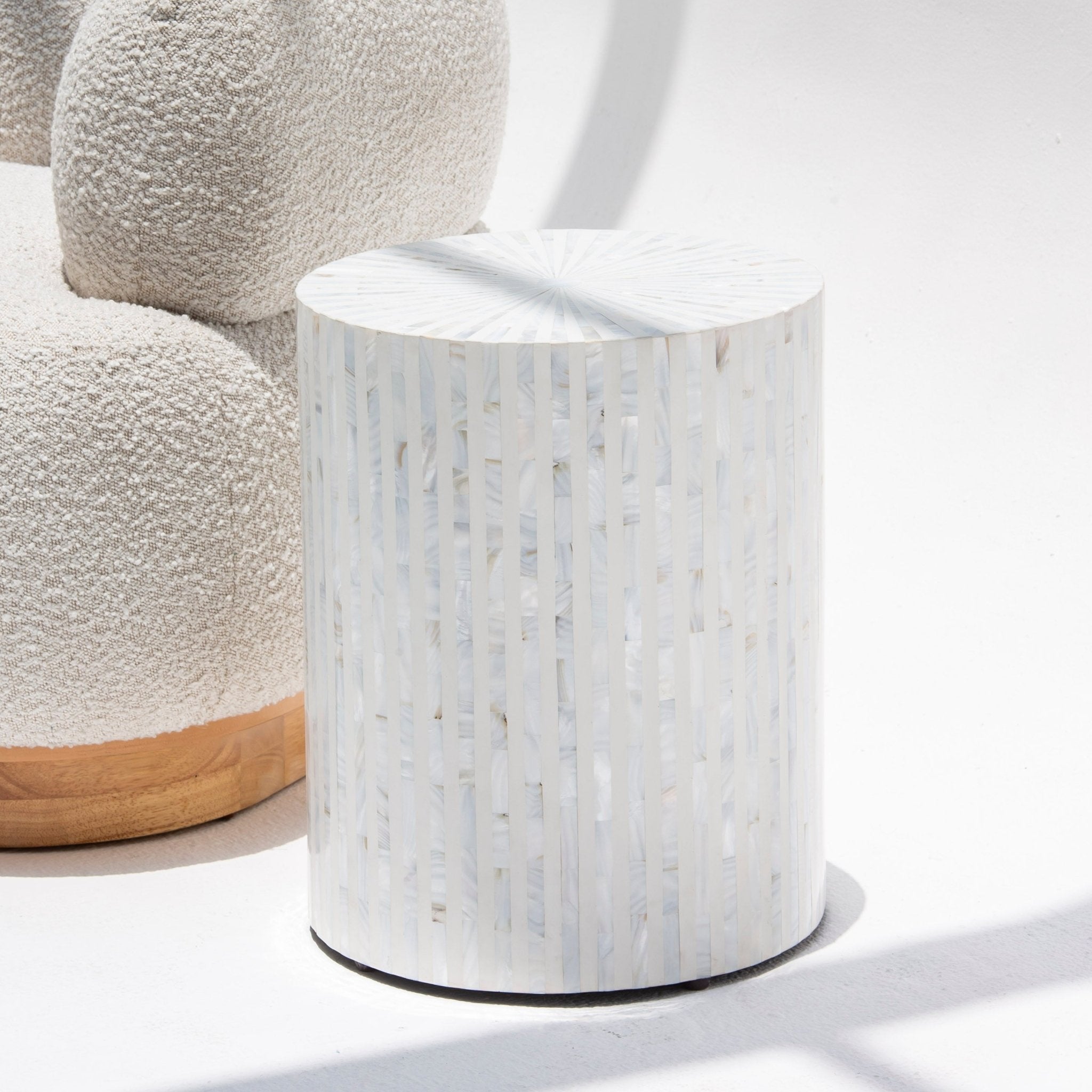 MYSTIC-WHITE STRIP MOTHER OF PEARL ROUND STOOL - Art and craft furniture