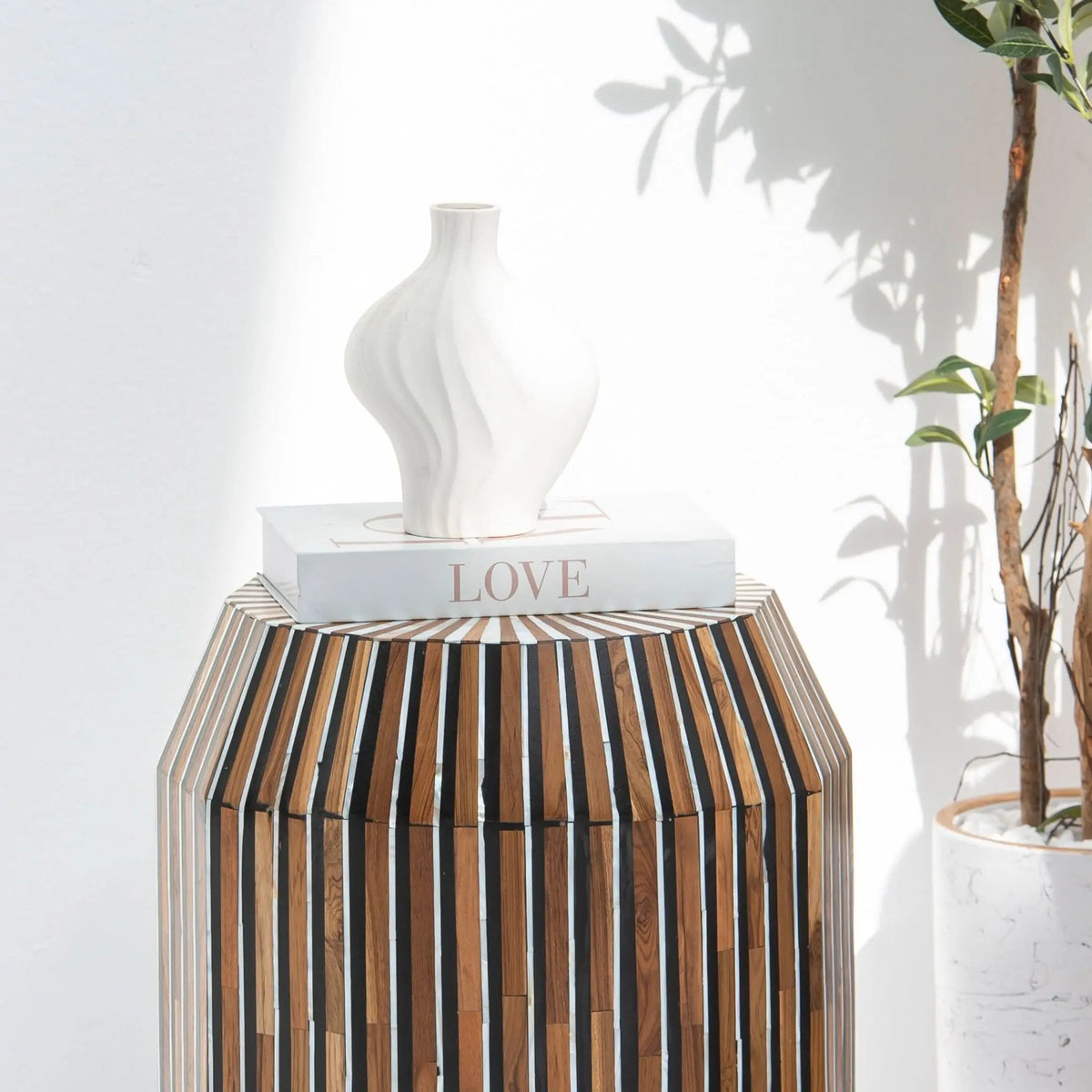 Mystic Wooden Inlay Barrel Side Stool - Art and craft furniture