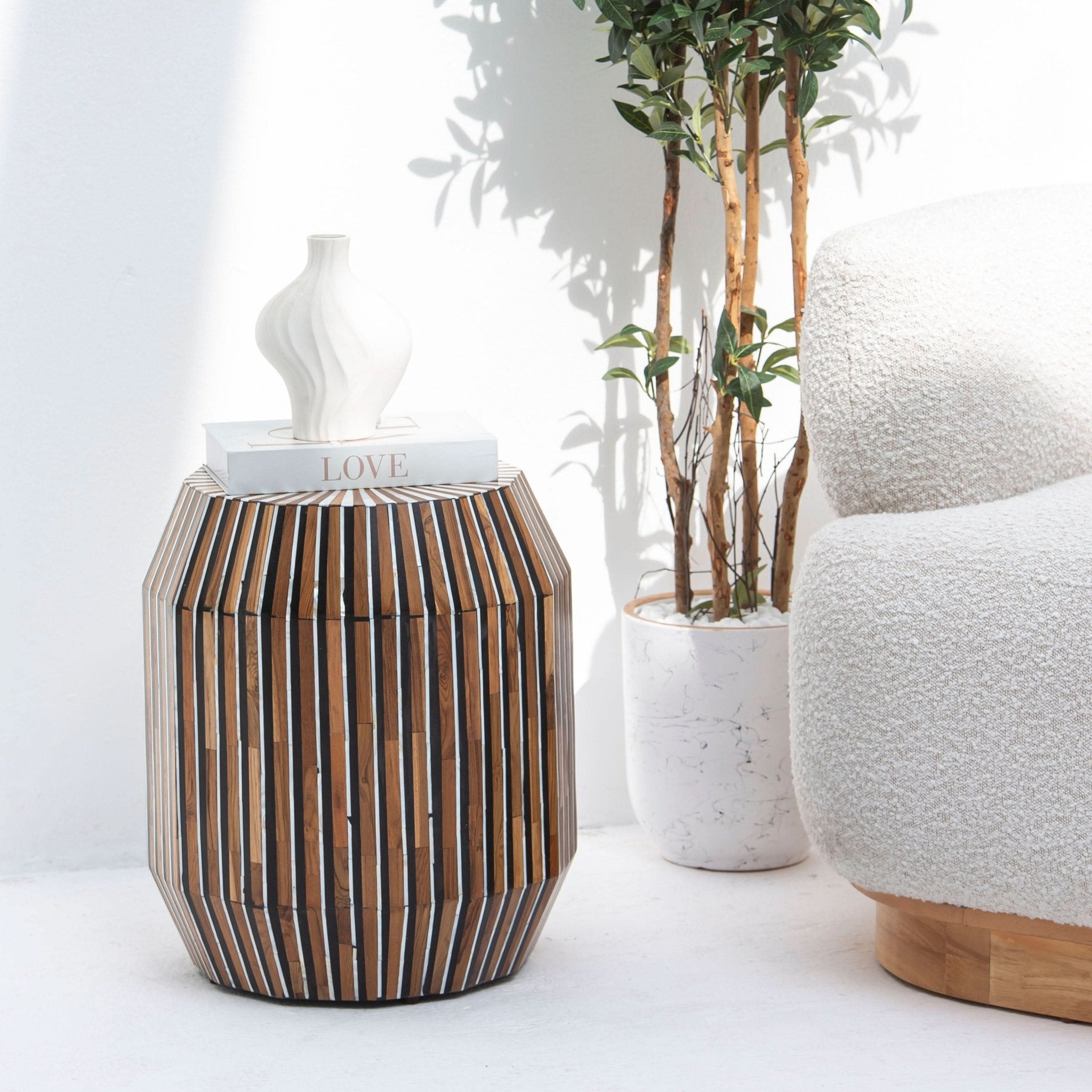 MYSTIC WOODEN INLAY BARREL SIDE STOOL - Art and craft furniture