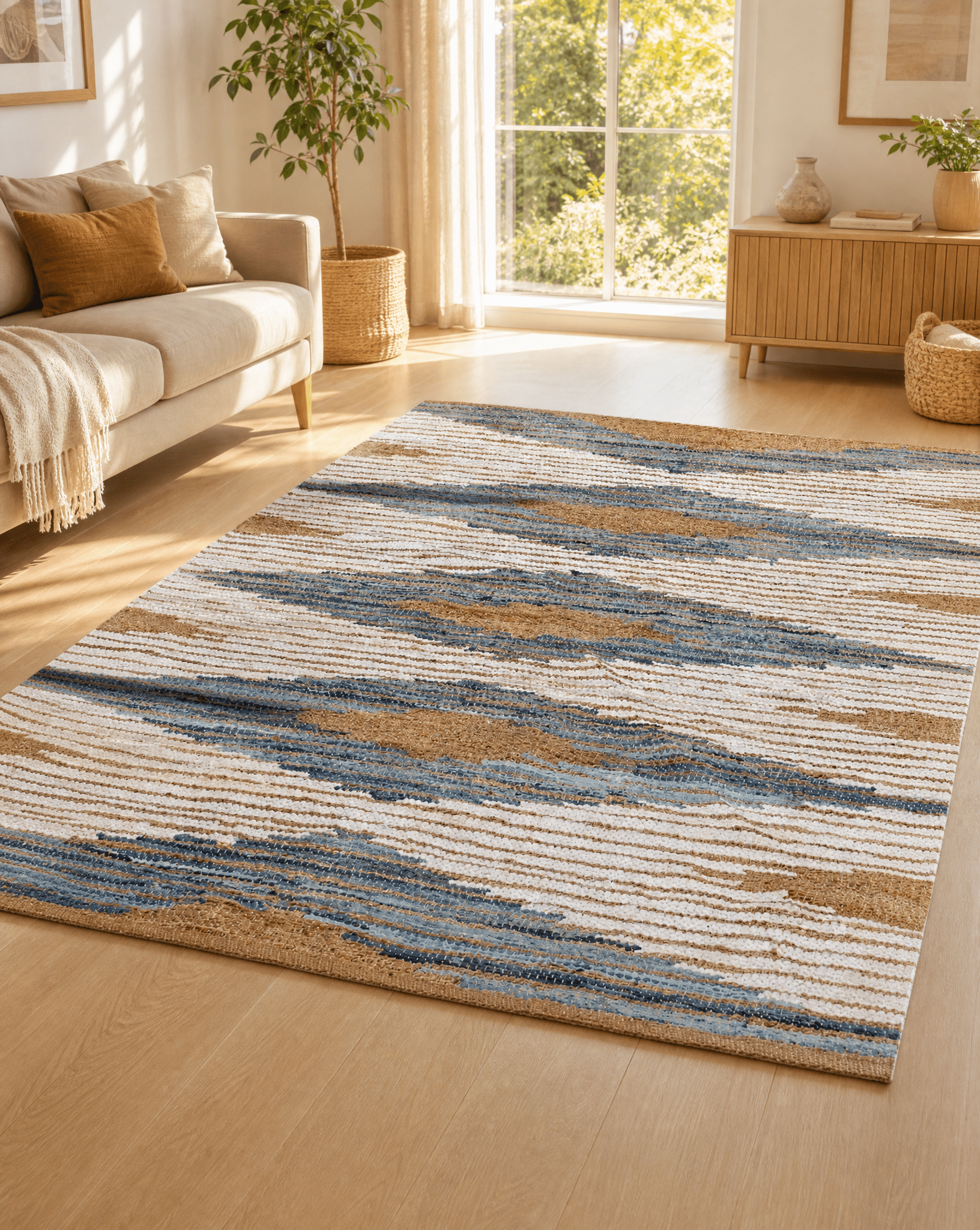 NEXUS WEAVE COTTON DENIM & JUTE GEO PATTERN RUG - Art and craft furniture