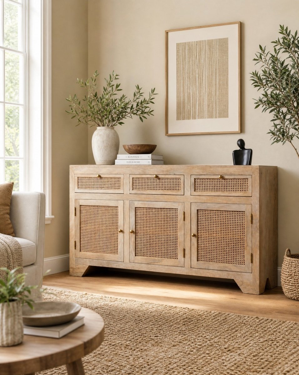Novelle 3 Drawer & Door Cane Sideboard - Art and craft furniture