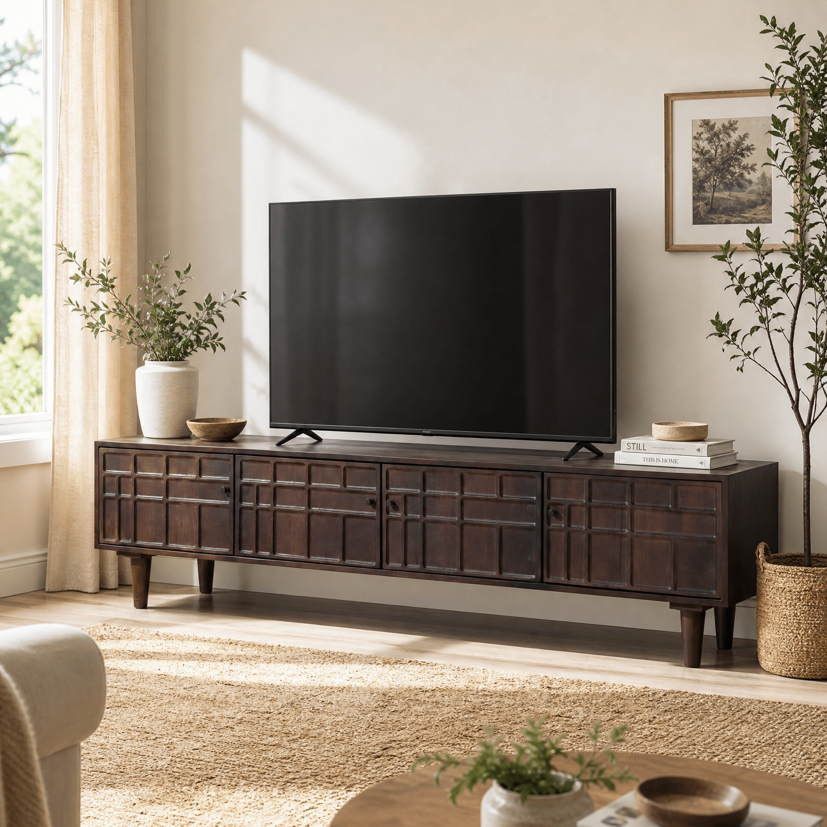NUVOR-BROWN WOODEN FOUR DOOR TV STAND - Art and craft furniture