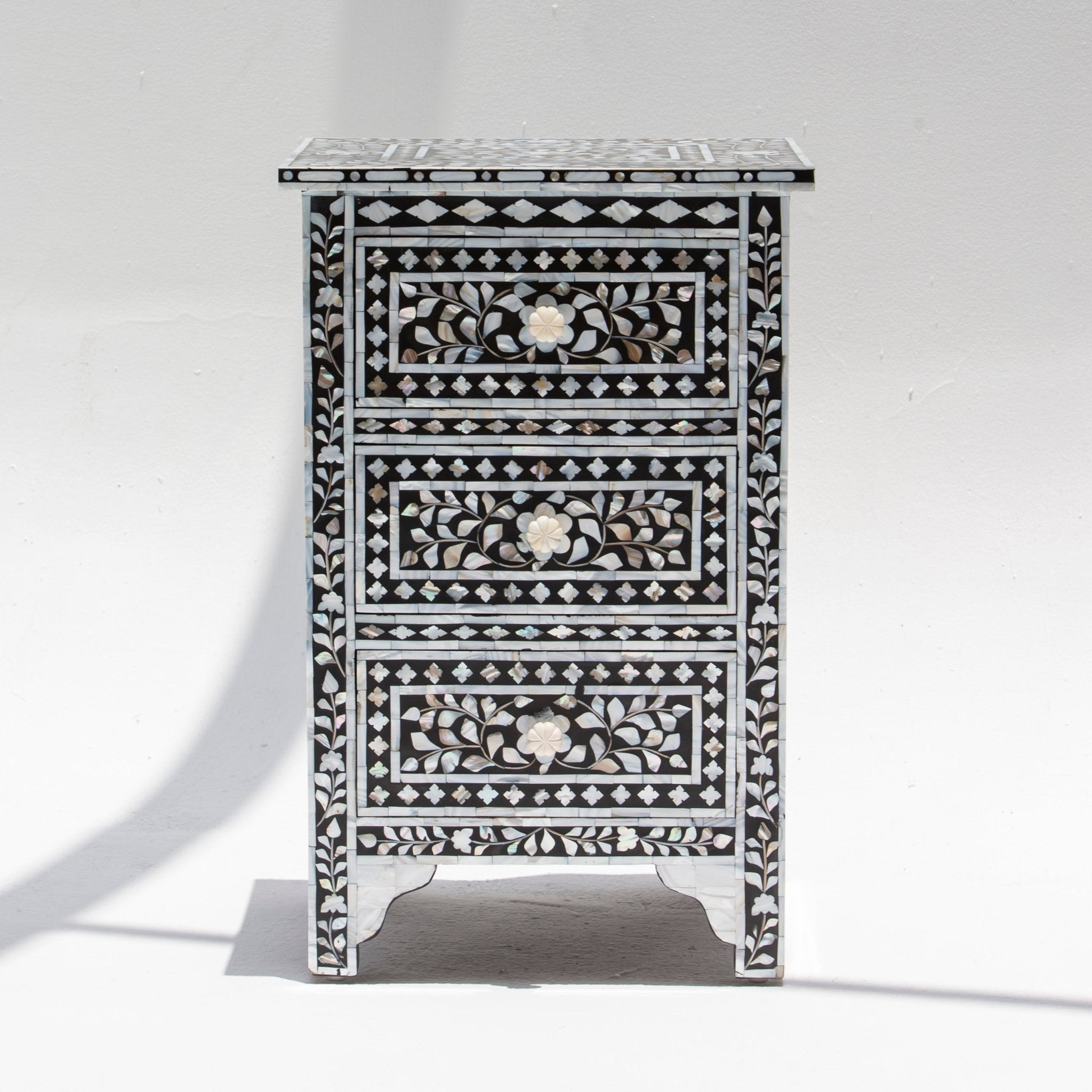 OCEAN-BLACK MOTHER OF PEARL THREE DRAWER BEDSIDE TABLE - Art and craft furniture