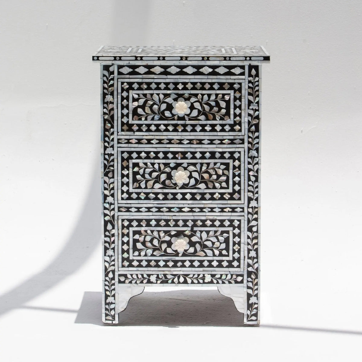 Ocean Black Mother of Pearl Three Drawer Bedside Table - Art and craft furniture