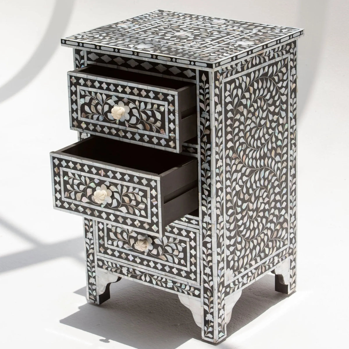 Ocean Black Mother of Pearl Three Drawer Bedside Table - Art and craft furniture