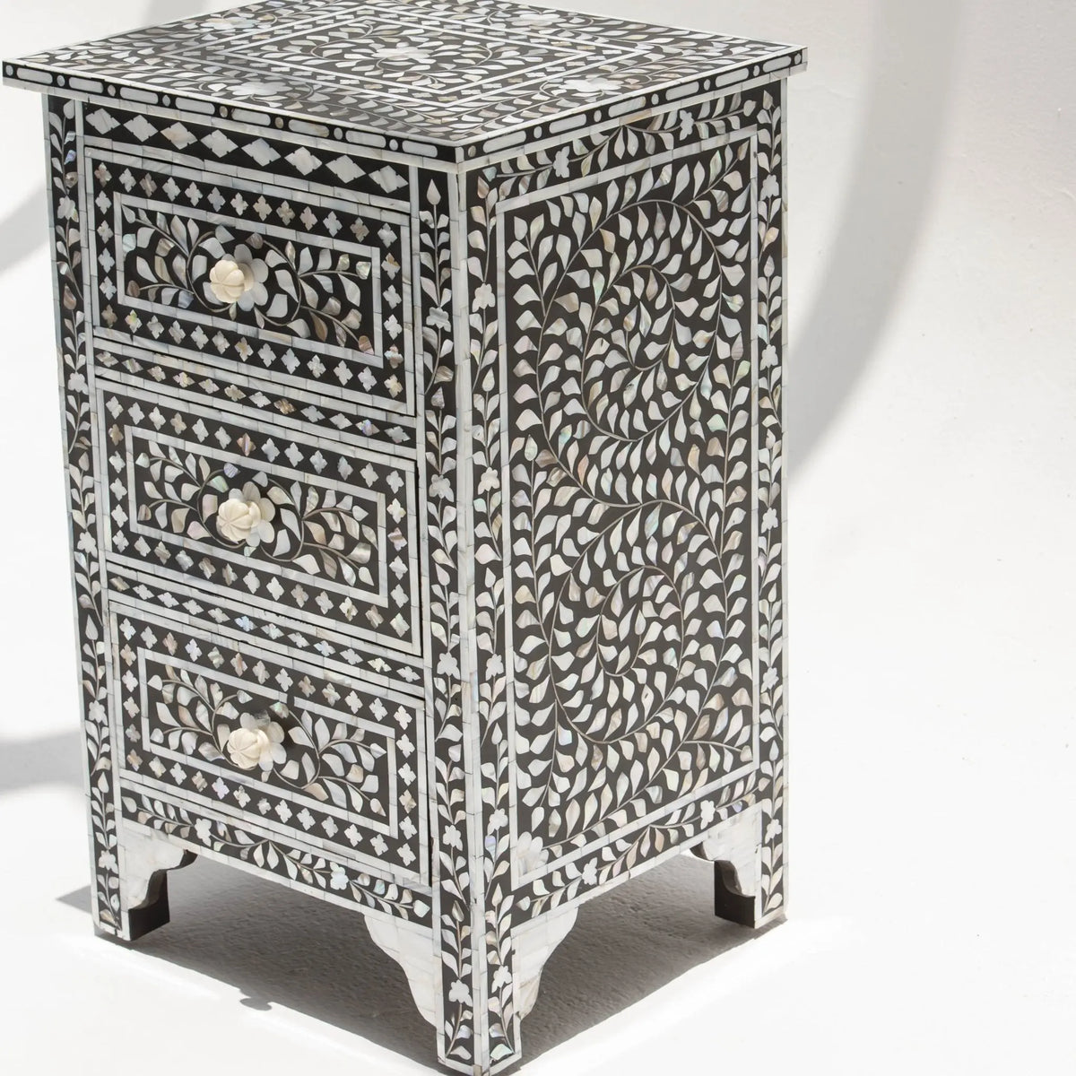 Ocean Black Mother of Pearl Three Drawer Bedside Table - Art and craft furniture