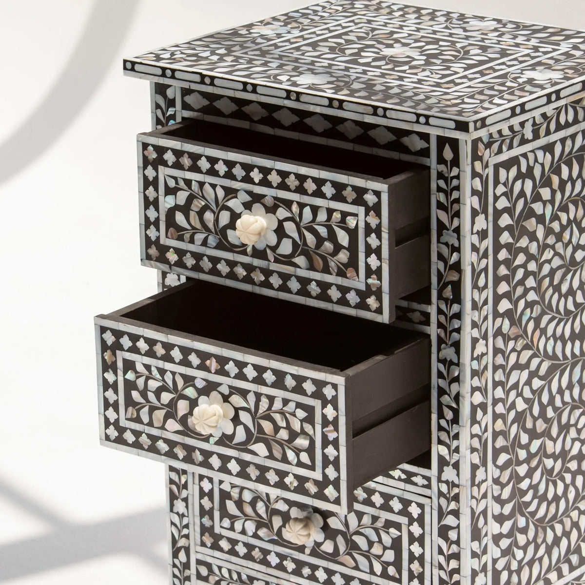 Ocean Black Mother of Pearl Three Drawer Bedside Table - Art and craft furniture