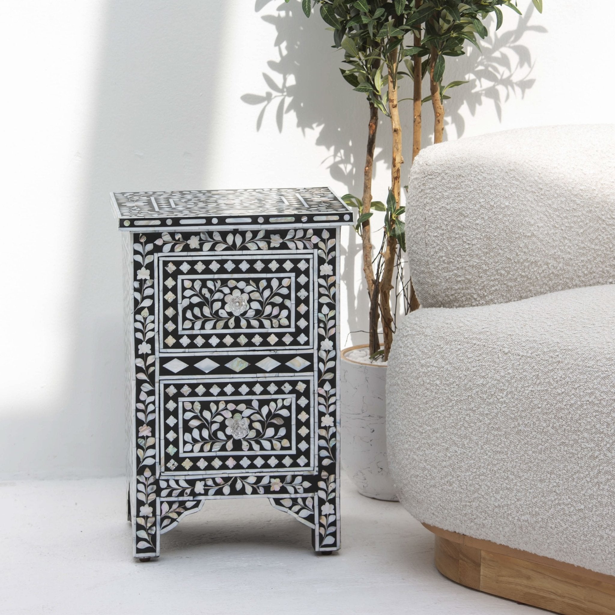 OCEAN-BLACK MOTHER OF PEARL TWO DRAWER BEDSIDE TABLE - Art and craft furniture