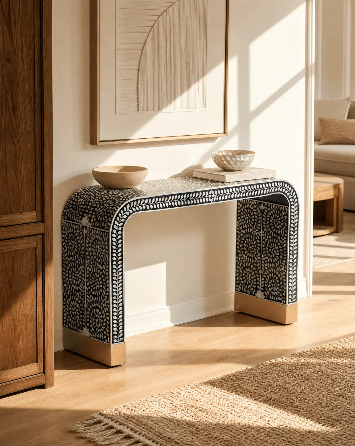 Ocean Black Mother Of Pearl U Shape Console Table - Art and craft furniture
