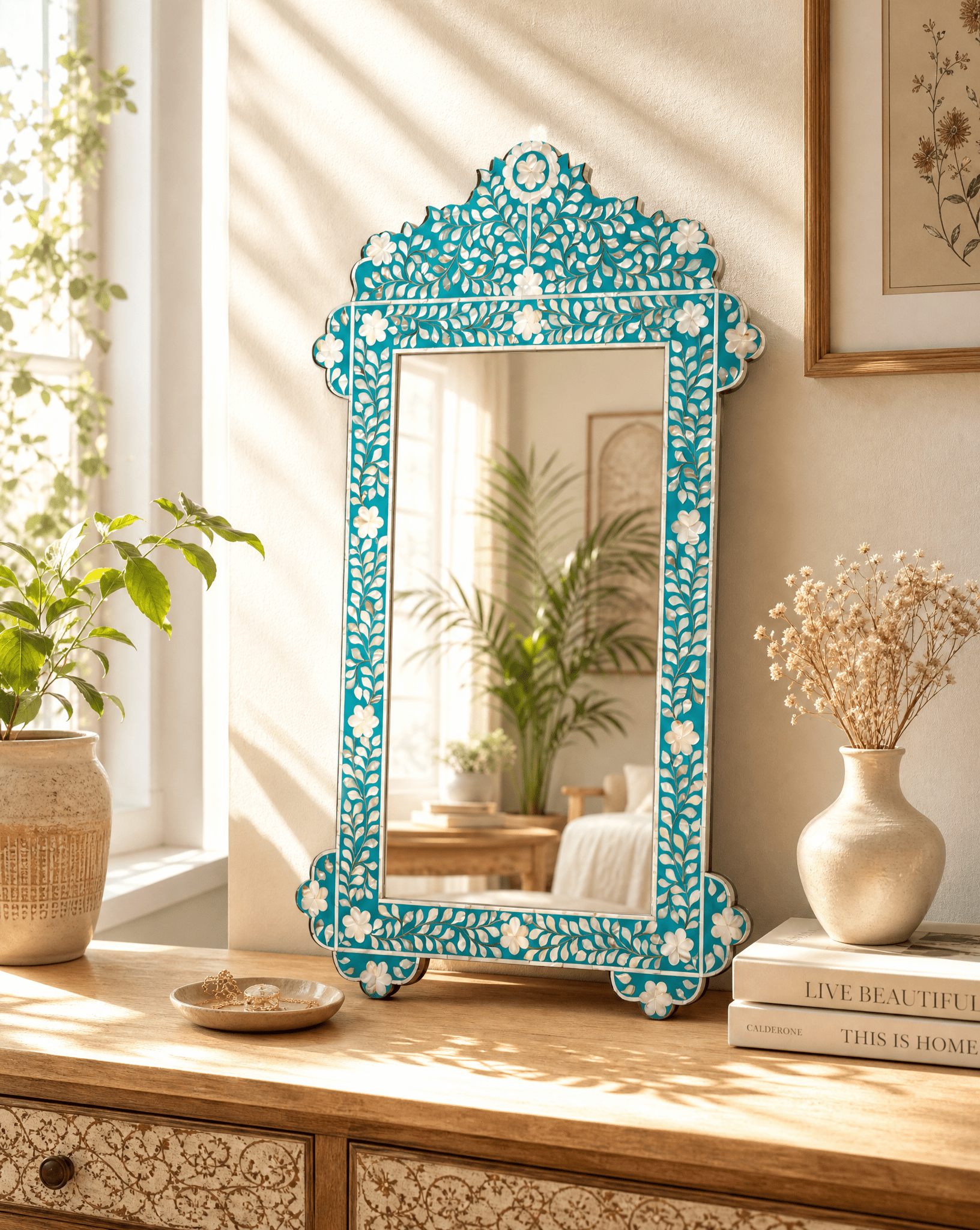 OCEAN-BLUE MOTHER OF PEARL MIRROR FRAME - Art and craft furniture