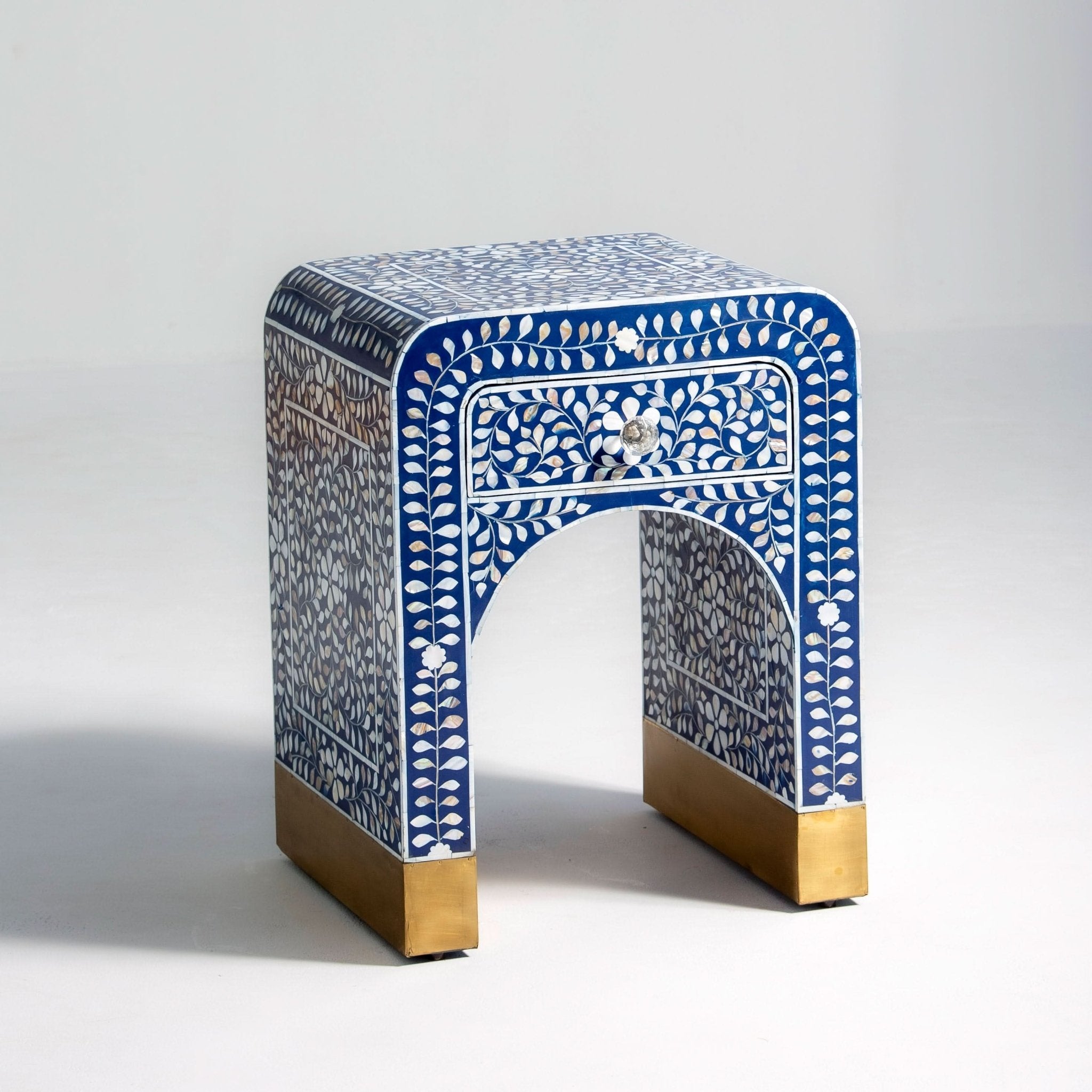OCEAN-BLUE MOTHER OF PEARL ONE DRAWER BEDSIDE TABLE - Art and craft furniture