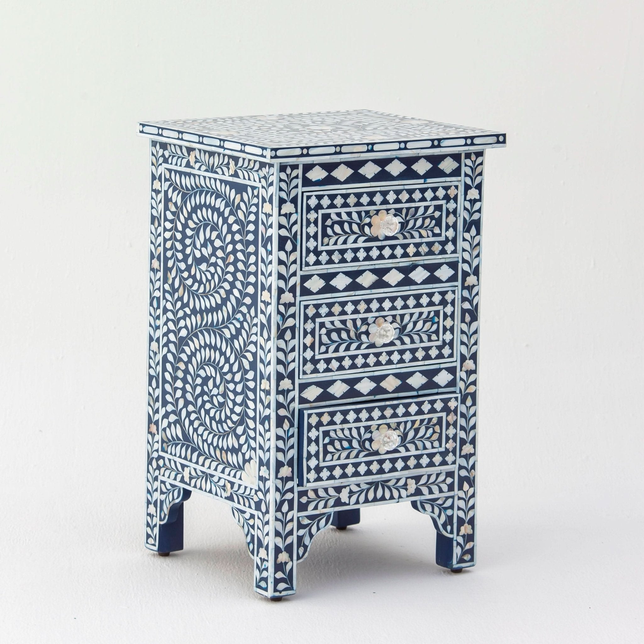 OCEAN-BLUE MOTHER OF PEARL THREE DRAWER BEDSIDE TABLE - Art and craft furniture
