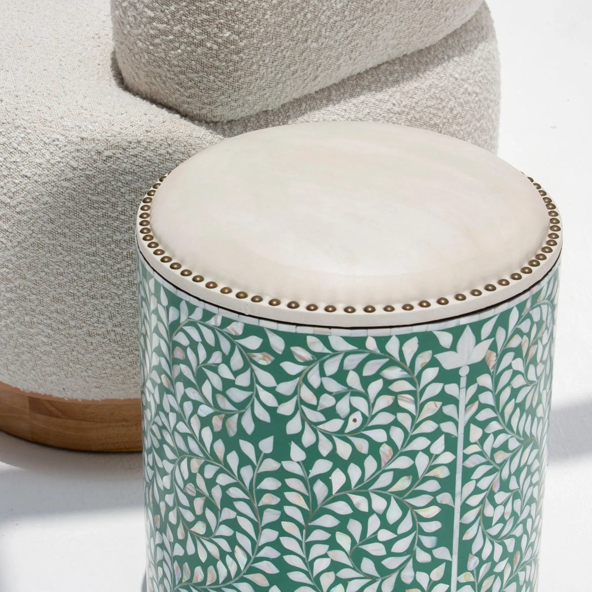 Ocean Green Mother Of Pearl Round Stool - Art and craft furniture