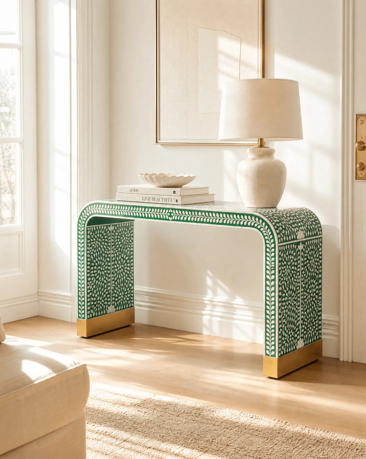 Ocean Green Mother Of Pearl U Shape Console Table - Art and craft furniture