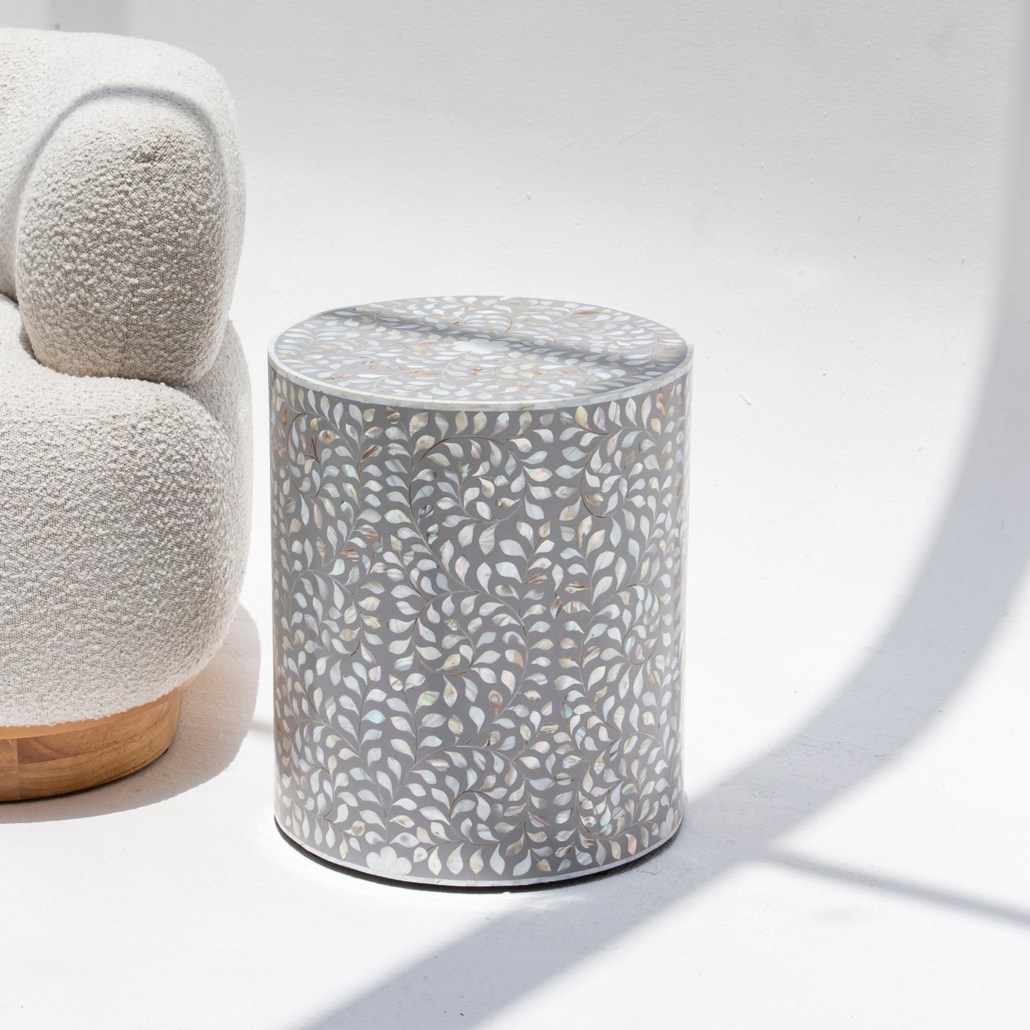 OCEAN-GREY MOTHER OF PEARL ROUND SIDE TABLE - Art and craft furniture