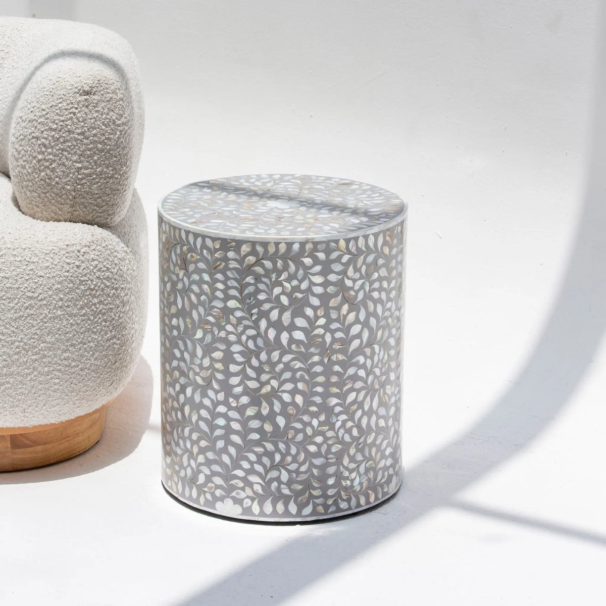 Ocean Grey Mother of Pearl Round Side Table - Art and craft furniture