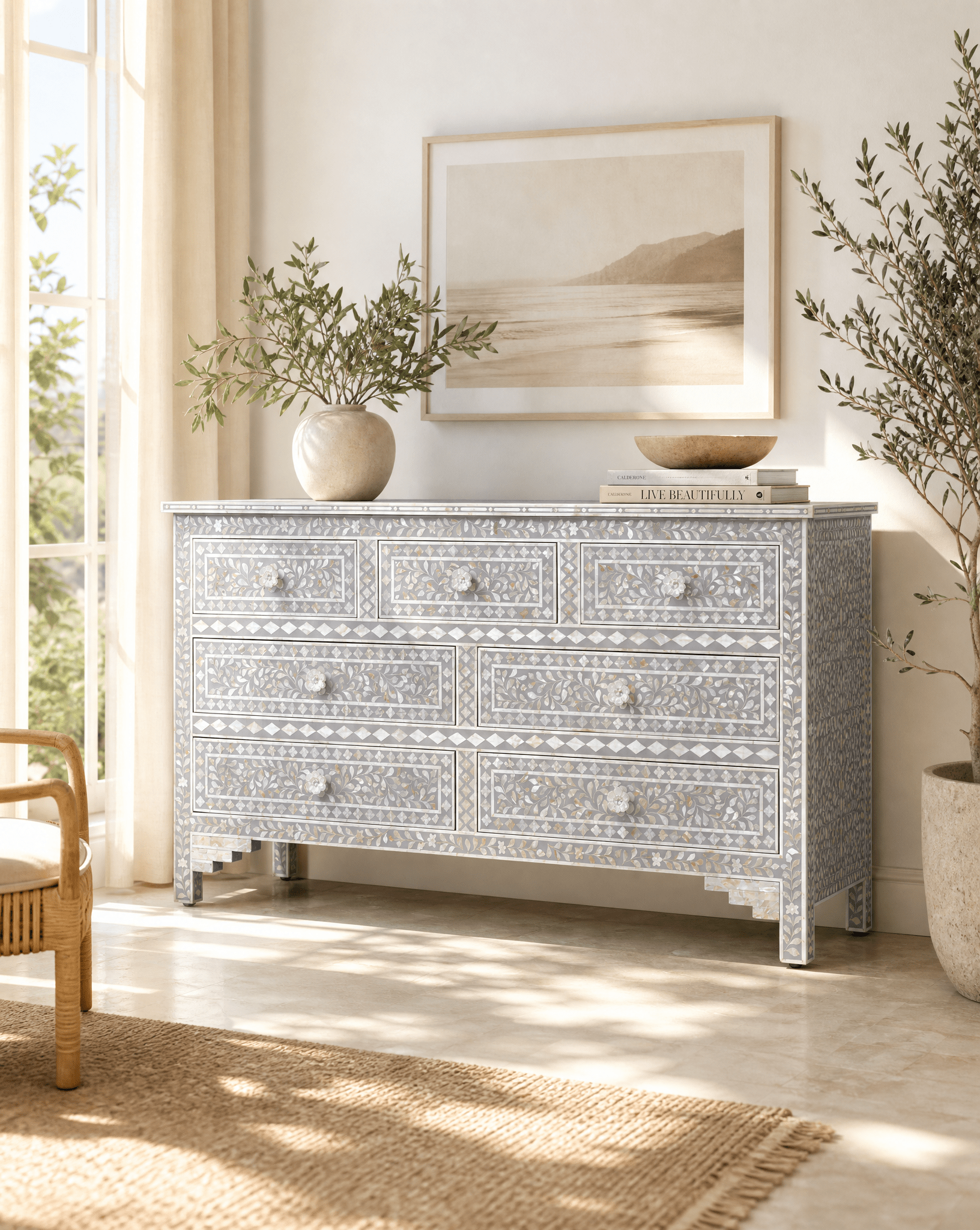 OCEAN-GREY MOTHER OF PEARL SEVEN DRAWER DRAWCHEST - Art and craft furniture