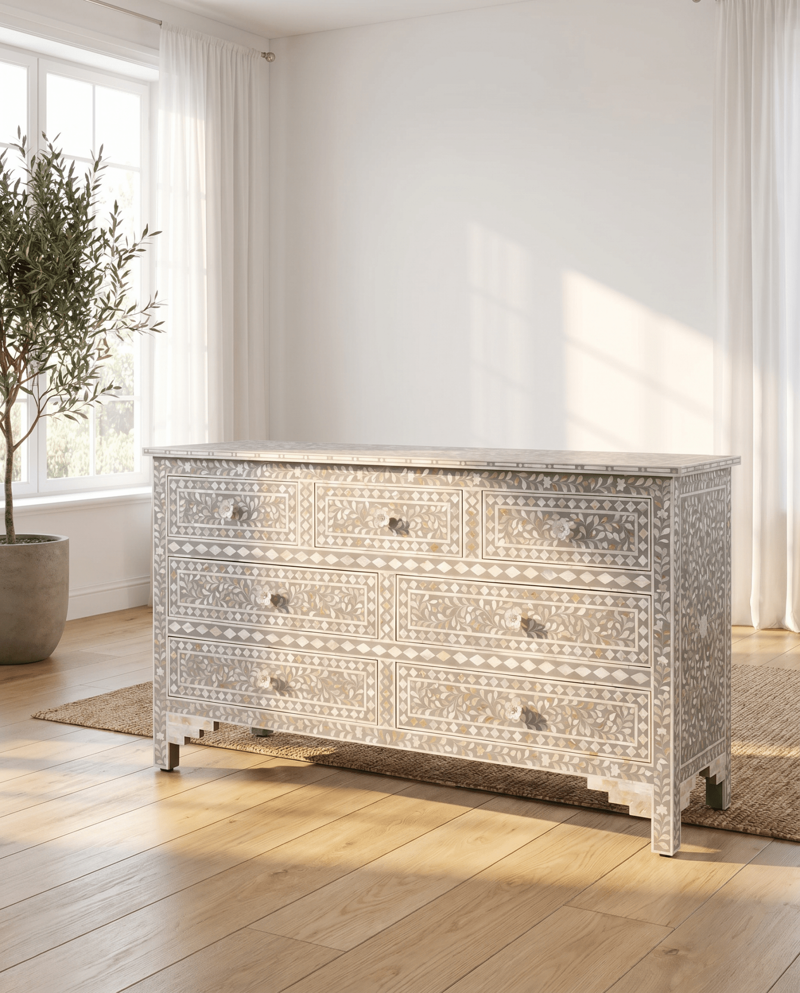 OCEAN-GREY MOTHER OF PEARL SEVEN DRAWER DRAWCHEST - Art and craft furniture