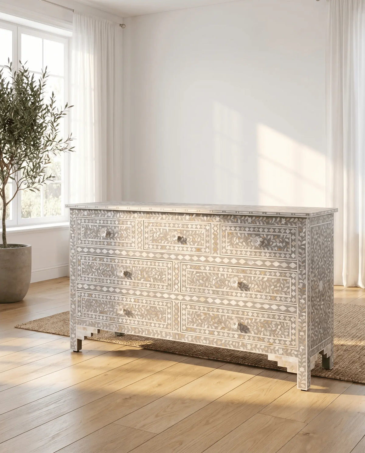 Ocean Grey Mother Of Pearl Seven Drawer Drawchest - Art and craft furniture
