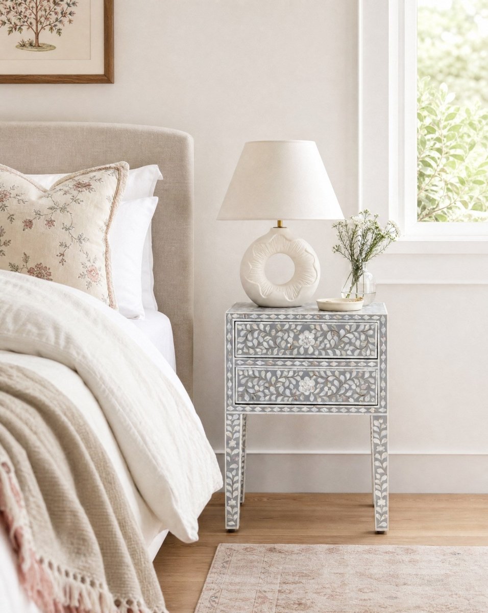 Ocean Grey Mother of Pearl Two Drawer Bedside Table - Art and craft furniture