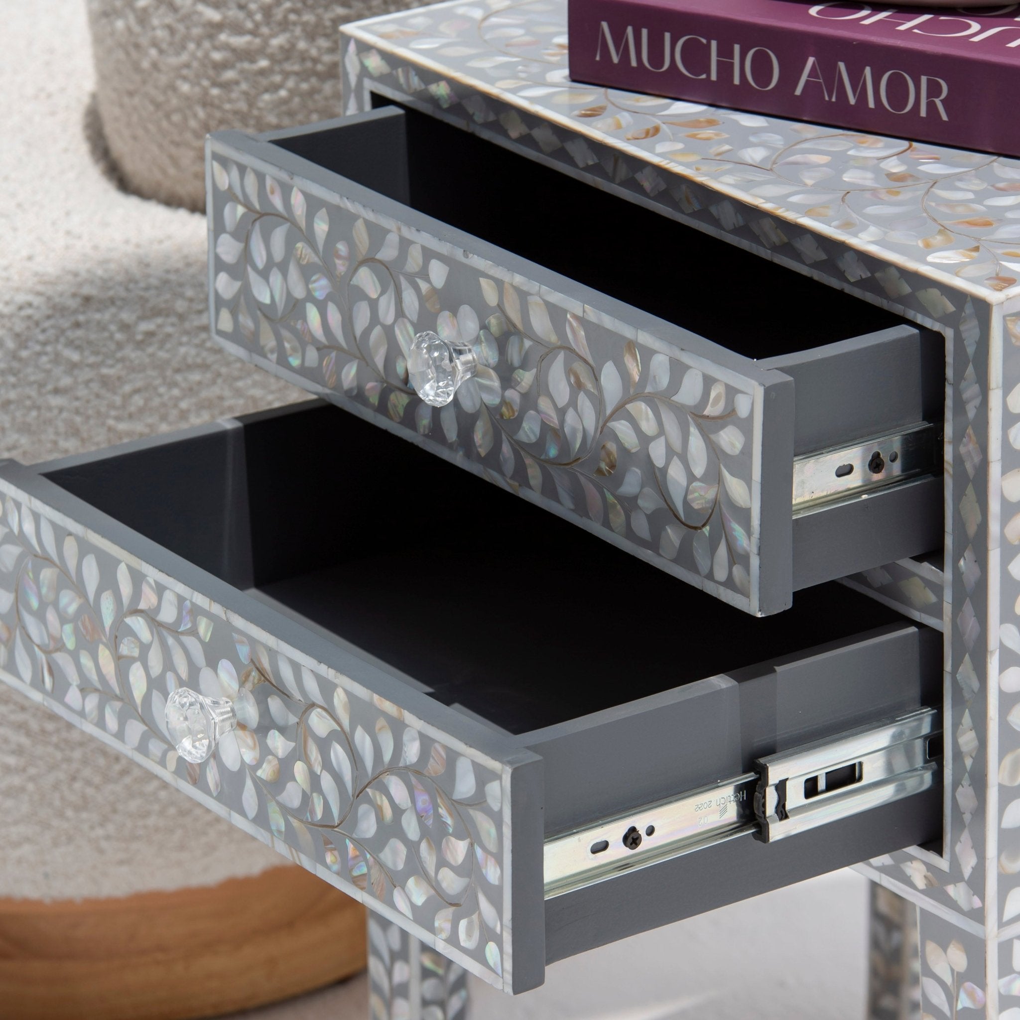 OCEAN-GREY MOTHER OF PEARL TWO DRAWER BEDSIDE TABLE - Art and craft furniture