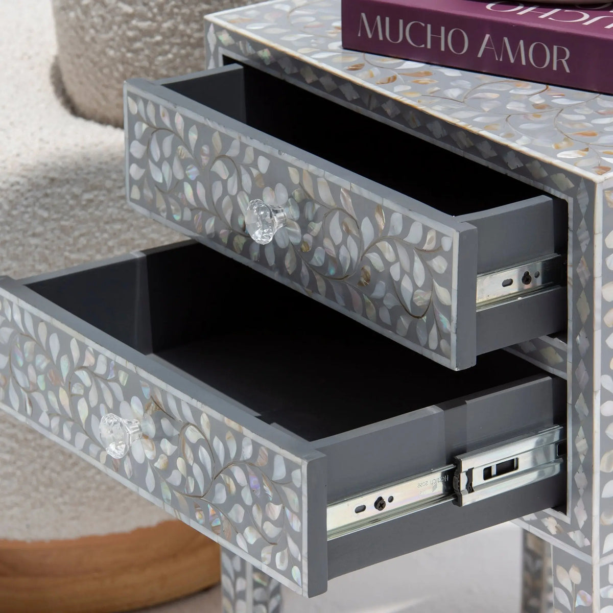 Ocean Grey Mother of Pearl Two Drawer Bedside Table - Art and craft furniture