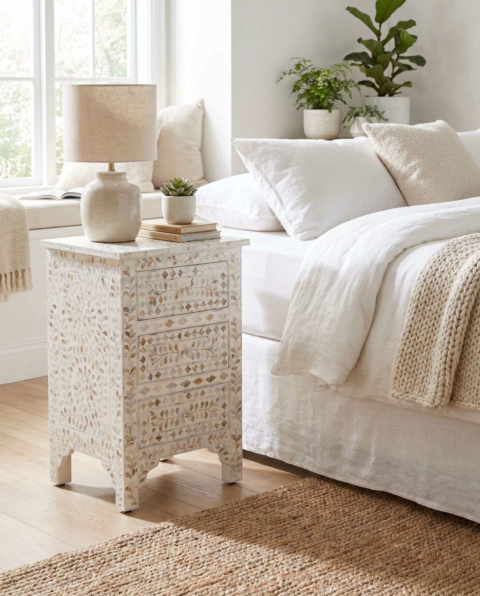 Ocean Pearl White Bedside Table - Art and craft furniture