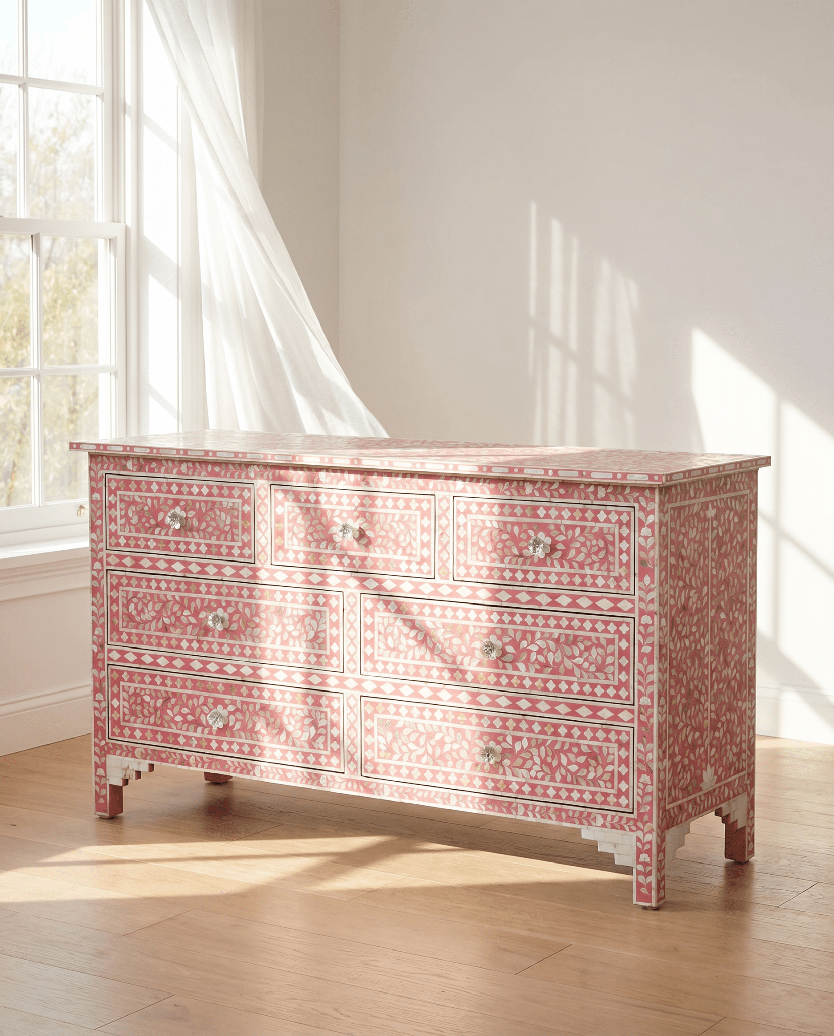 OCEAN-PINK MOTHER OF PEARL SEVEN DRAWER DRAWCHEST - Art and craft furniture
