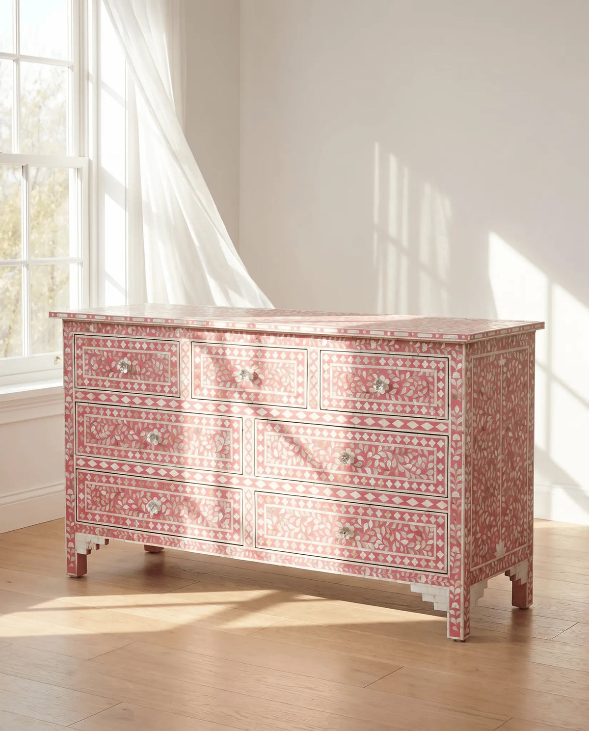 Ocean Pink Mother of Pearl Seven Drawer Drawchest - Art and craft furniture