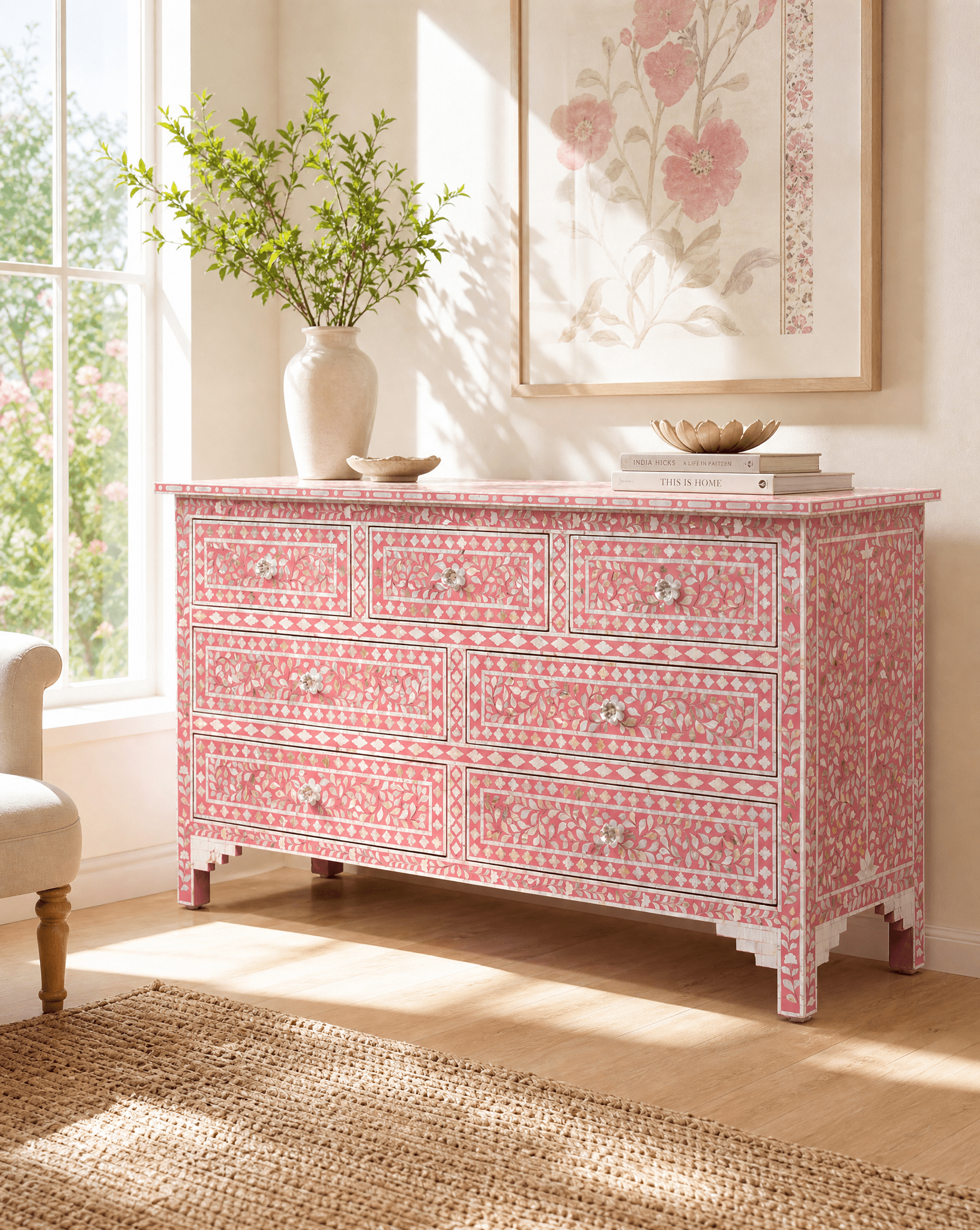 OCEAN-PINK MOTHER OF PEARL SEVEN DRAWER DRAWCHEST - Art and craft furniture