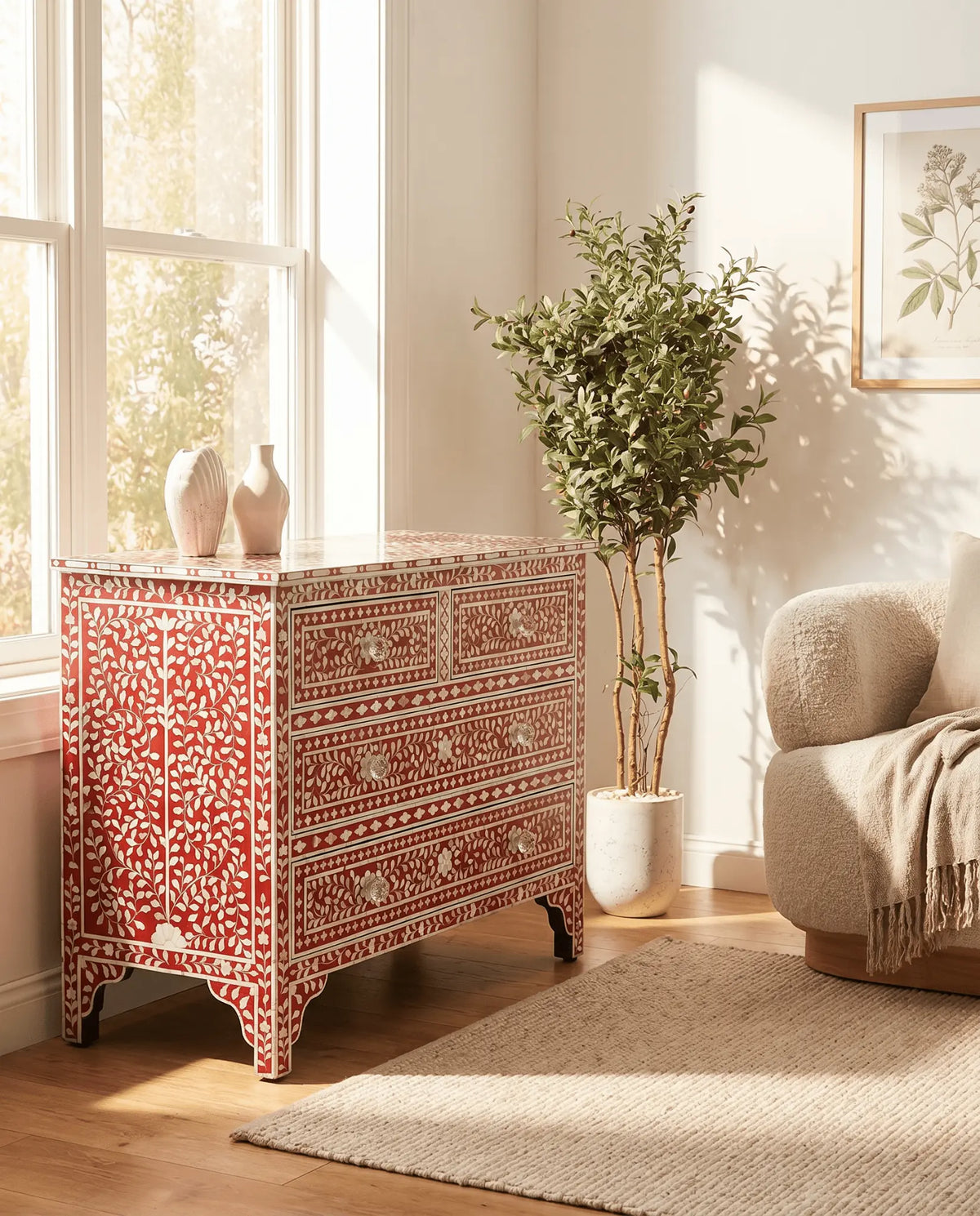 Ocean Red Mother Of Pearl Chest Of Drawer - Art and craft furniture