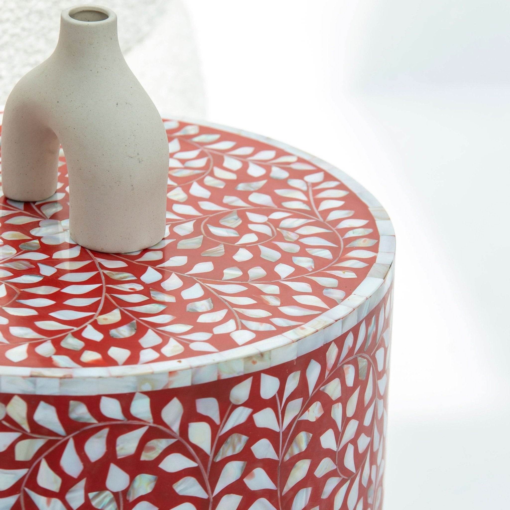 OCEAN-RED MOTHER OF PEARL ROUND SIDE TABLE - Art and craft furniture