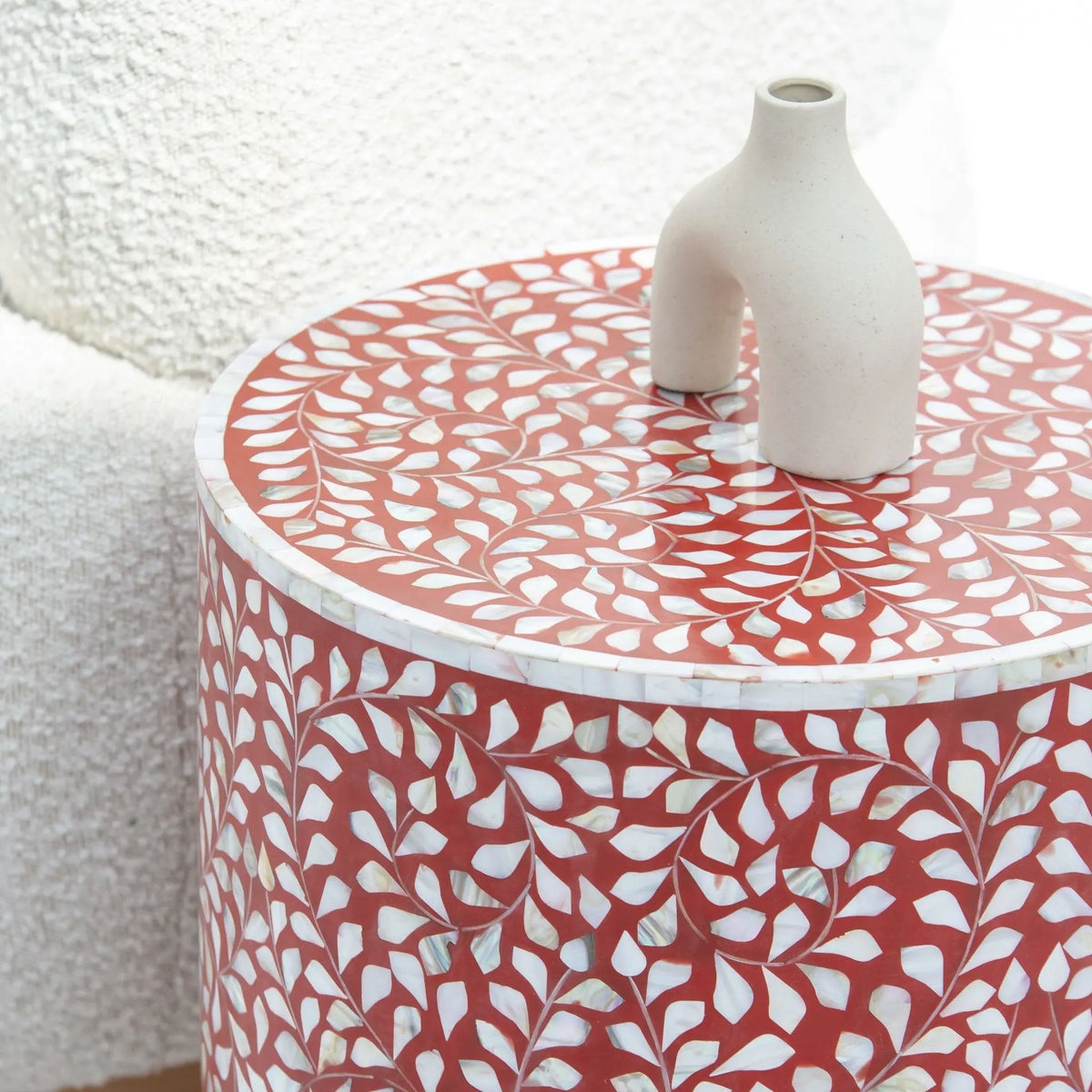 Ocean Red Mother Of Pearl Round Side Table - Art and craft furniture