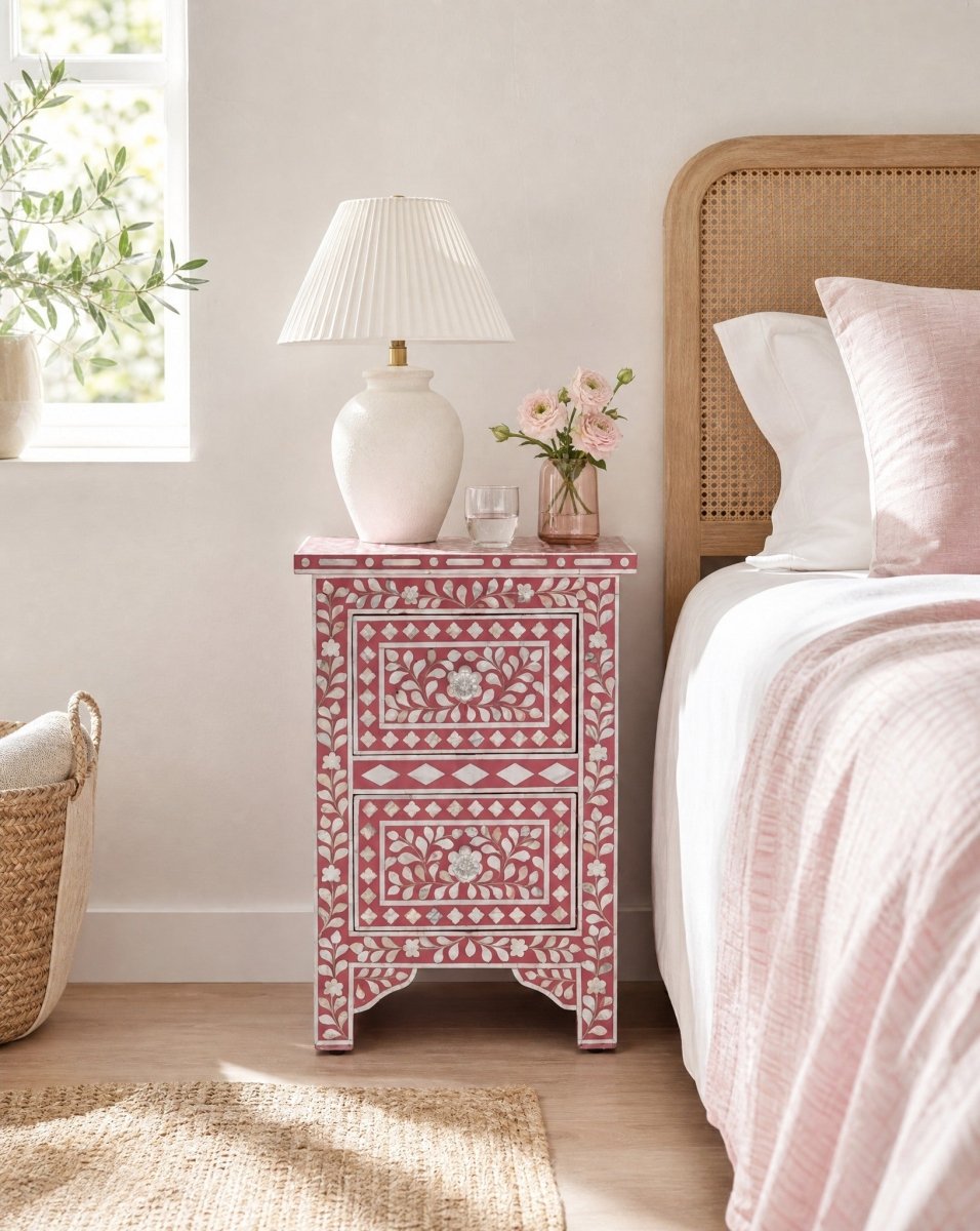 Ocean Red Mother of Pearl Two Drawer Bedside Table - Art and craft furniture