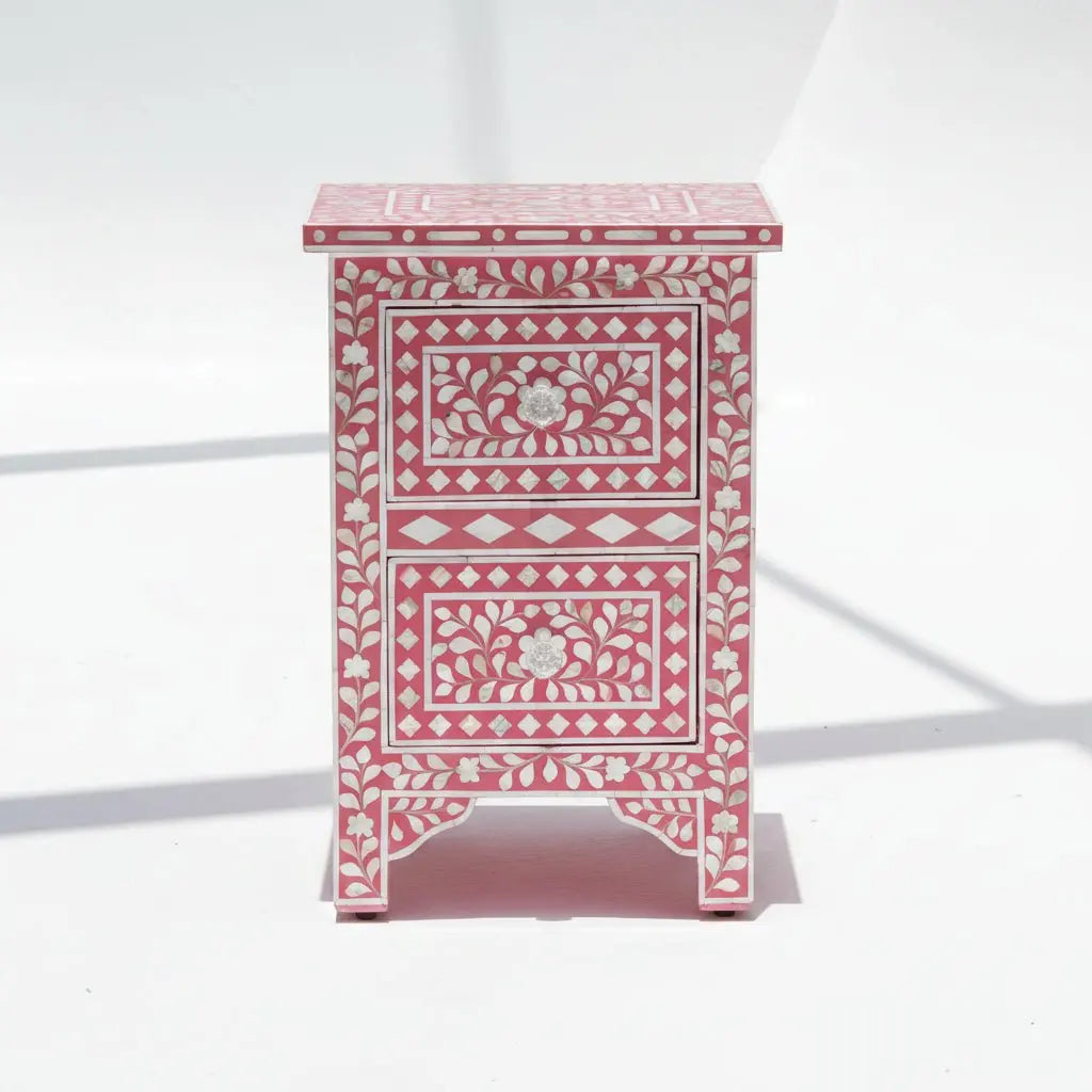 Ocean Red Mother of Pearl Two Drawer Bedside Table - Art and craft furniture