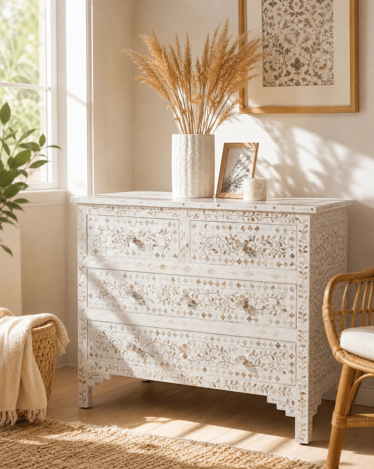 Ocean Pearl White Mother Of Pearl Chest of Drawer - Art and craft furniture