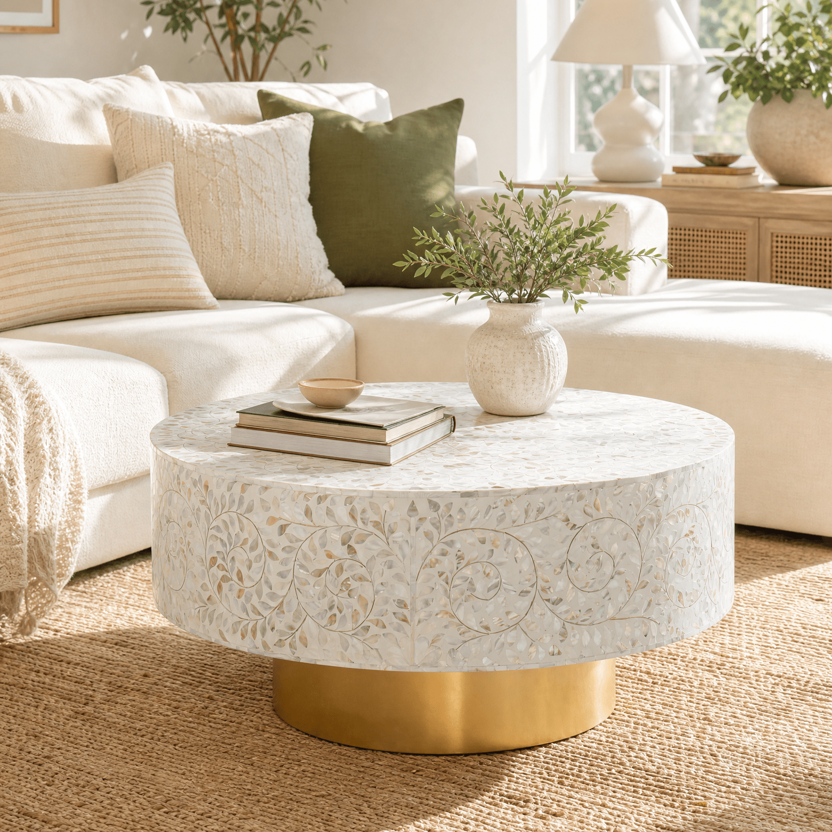 OCEAN-WHITE MOTHER OF PEARL ROUND COFFEE TABLE - Art and craft furniture