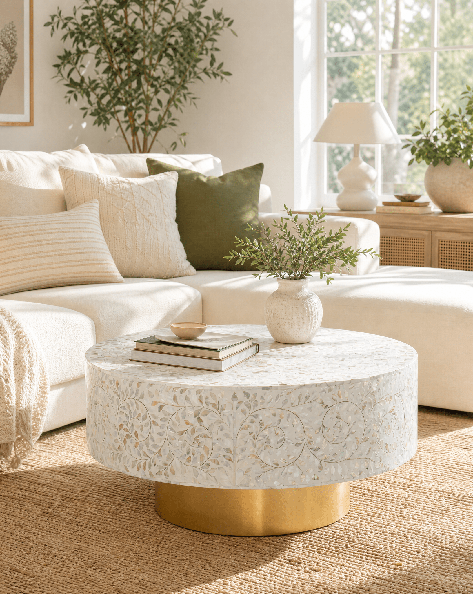 OCEAN-WHITE MOTHER OF PEARL ROUND COFFEE TABLE - Art and craft furniture
