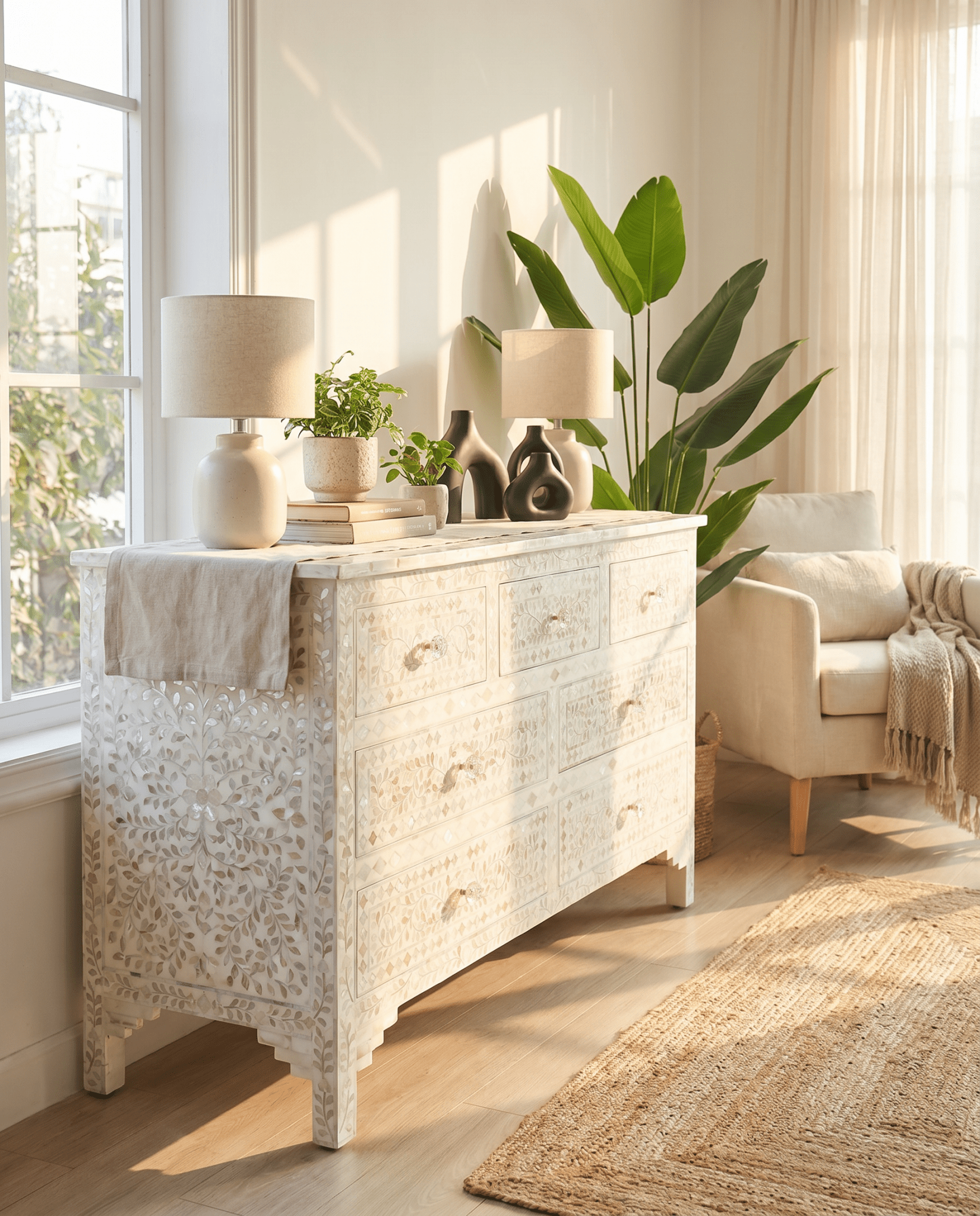 OCEAN-WHITE MOTHER OF PEARL SEVEN DRAWER DRAWCHEST - Art and craft furniture