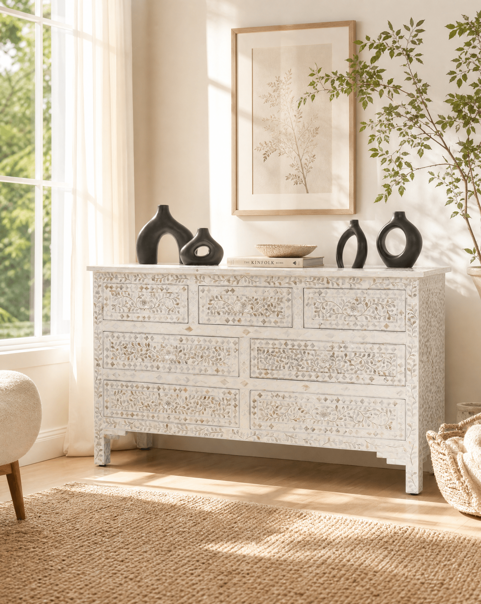 OCEAN-WHITE MOTHER OF PEARL SEVEN DRAWER DRAWCHEST - Art and craft furniture